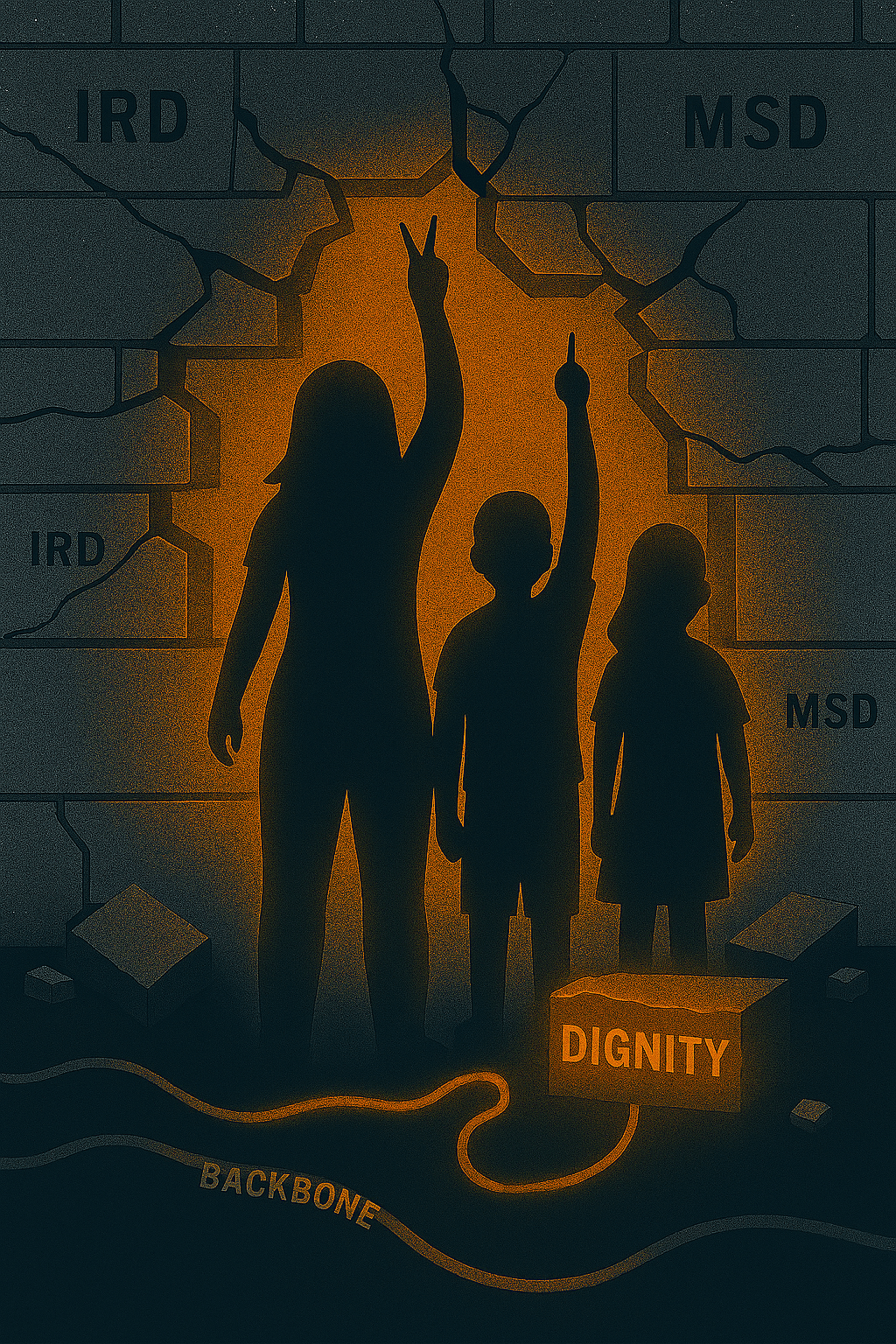A glowing silhouette of a woman stands between two children, all three raising their hands in a V-for-victory sign. They face a cracked concrete block wall etched with institutional labels like “IRD,” “MSD,” and “Bank Policy.” A broken block on the ground glows with the word “DIGNITY.” A wire labeled “BACKBONE” runs beneath their feet through the rubble, symbolizing strength and clarity. Warm orange tones contrast with the dark blue and gray background, highlighting resilience against systemic pressure. A glowing silhouette of a woman stands between two children, all three raising their hands in a V-for-victory sign. They face a cracked concrete block wall etched with institutional labels like “IRD,” “MSD,” and “Bank Policy.” A broken block on the ground glows with the word “DIGNITY.” A wire labeled “BACKBONE” runs beneath their feet through the rubble, symbolizing strength and clarity. Warm orange tones contrast with the dark blue and gray background, highlighting resilience against systemic pressure.