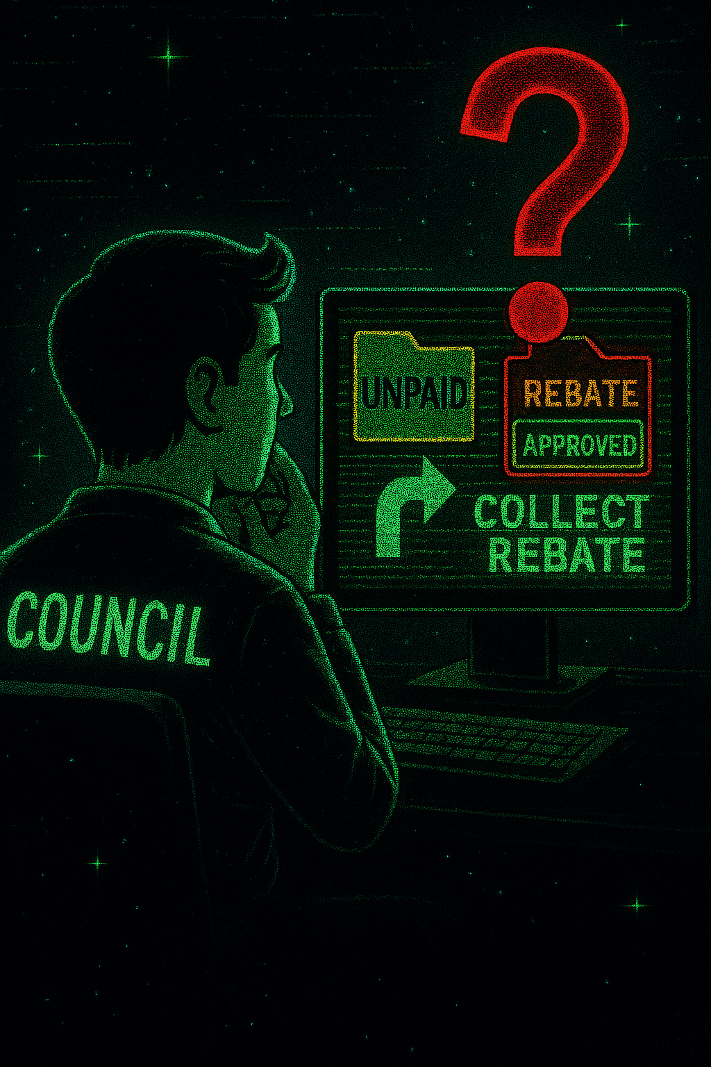 A stylized digital illustration in cyberpunk tones shows a council worker in a glowing green hoodie labeled “COUNCIL,” seated at a desk. They stare at a computer screen displaying two folders: one labeled “UNPAID” and the other “REBATE APPROVED.” A large red question mark floats above their head. The background features cascading green code and stars, evoking a Matrix-style digital glitch. The scene satirizes the paradox of unpaid rates triggering rebate approval. A stylized digital illustration in cyberpunk tones shows a council worker in a glowing green hoodie labeled “COUNCIL,” seated at a desk. They stare at a computer screen displaying two folders: one labeled “UNPAID” and the other “REBATE APPROVED.” A large red question mark floats above their head. The background features cascading green code and stars, evoking a Matrix-style digital glitch. The scene satirizes the paradox of unpaid rates triggering rebate approval.