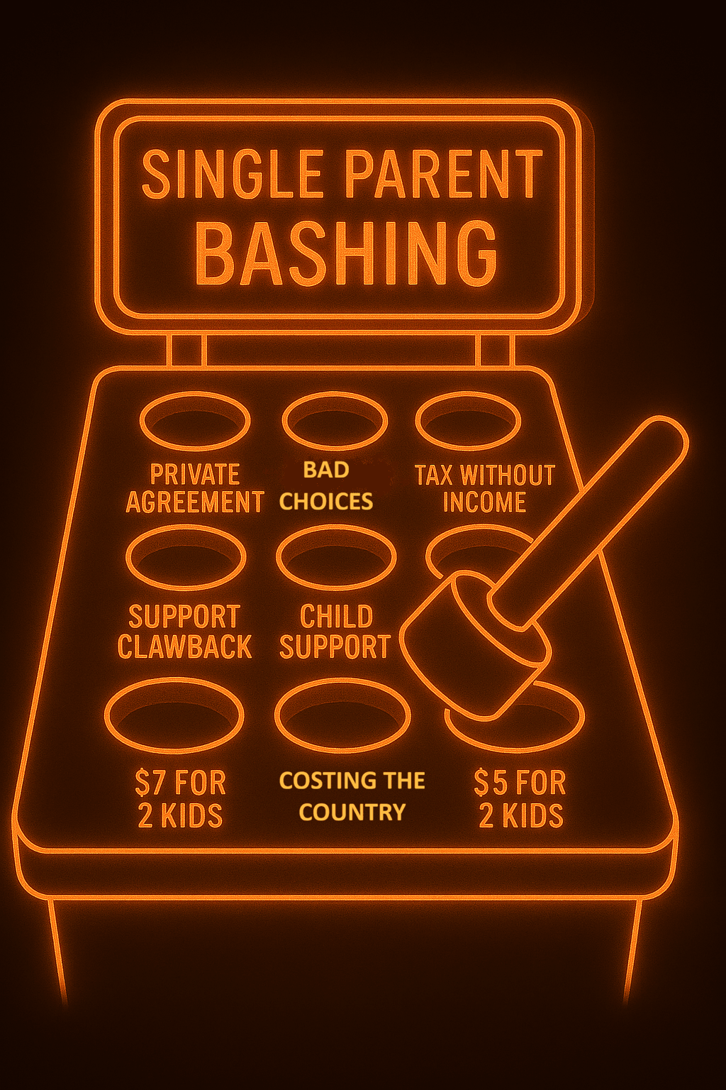 A neon-orange illustration of a whack-a-mole arcade machine labeled “SINGLE PARENT BASHING.” The game surface features six glowing holes, each tagged with a systemic pressure point: “PRIVATE AGREEMENT,” “BAD CHOICES,” “TAX WITHOUT INCOME,” “SUPPORT CLAWBACK,” “CHILD SUPPORT,” and “$7 FOR 2 KIDS.” "COSTING THE COUNTRY", "$5 FOR 2 KIDS" A neon mallet hovers above the “$5 FOR 2 KIDS ” hole. The background is deep brown, emphasizing the glowing orange lines and satirical tone. A neon-orange illustration of a whack-a-mole arcade machine labeled “SINGLE PARENT BASHING.” The game surface features six glowing holes, each tagged with a systemic pressure point: “PRIVATE AGREEMENT,” “BAD CHOICES,” “TAX WITHOUT INCOME,” “SUPPORT CLAWBACK,” “CHILD SUPPORT,” and “$7 FOR 2 KIDS.” "COSTING THE COUNTRY", "$5 FOR 2 KIDS" A neon mallet hovers above the “$5 FOR 2 KIDS ” hole. The background is deep brown, emphasizing the glowing orange lines and satirical tone.