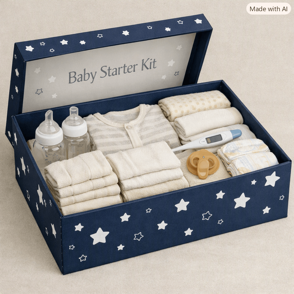 Photorealistic image of a navy blue baby starter kit box with white star outlines, lid open to reveal neatly arranged essentials including two baby bottles, folded cloth nappies, a beige pacifier, a digital thermometer, and stacked muslin cloths on a neutral background Photorealistic image of a navy blue baby starter kit box with white star outlines, lid open to reveal neatly arranged essentials including two baby bottles, folded cloth nappies, a beige pacifier, a digital thermometer, and stacked muslin cloths on a neutral background