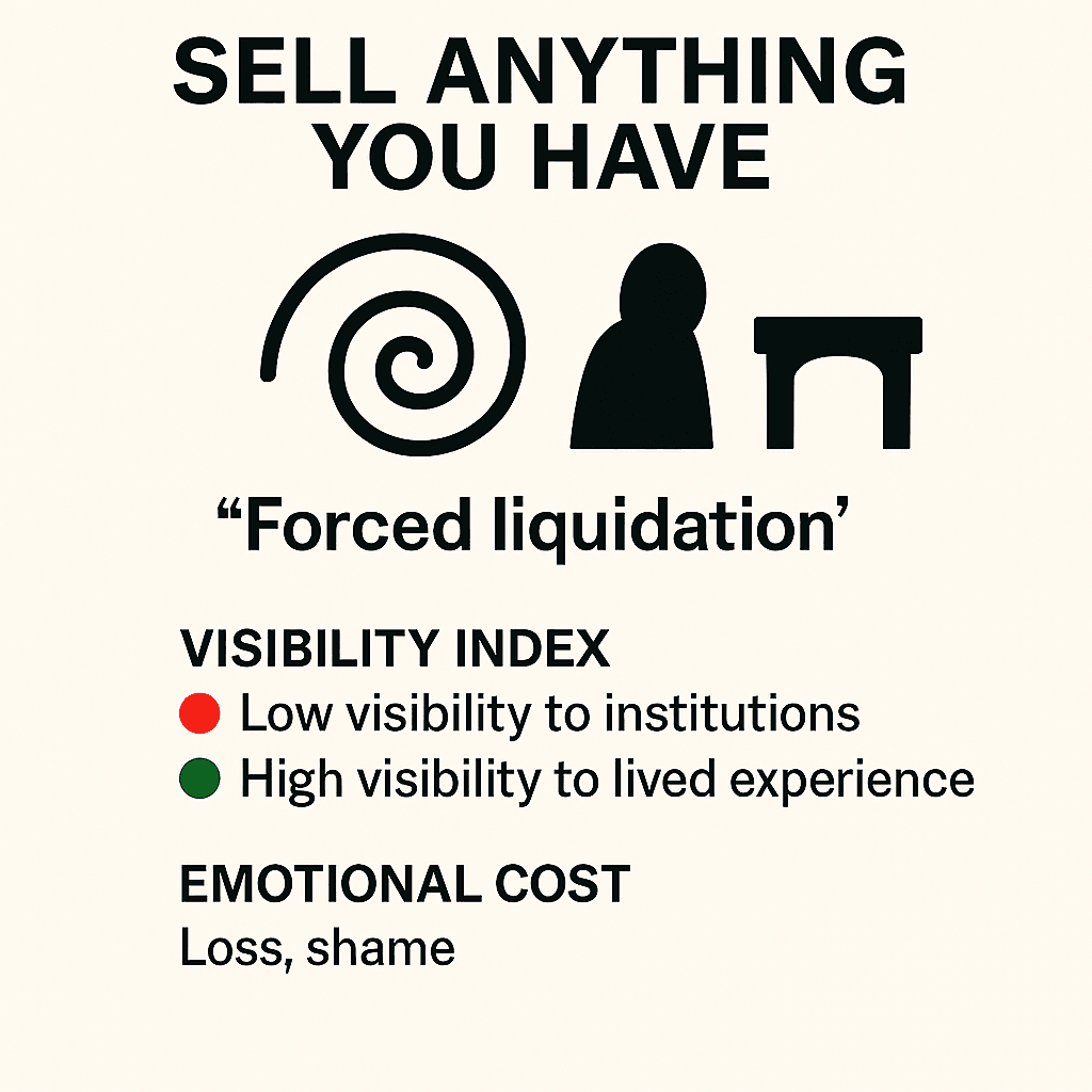 A conceptual infographic titled “SELL ANYTHING YOU HAVE,” with the phrase “‘Forced liquidation’” in quotes beneath it. Three symbolic icons—a spiral, a human-like silhouette, and a table—suggest disorientation, personal exposure, and material loss. A visibility index contrasts low institutional recognition (red dot) with high lived experience (green dot). At the bottom, emotional costs are listed as “Loss, shame,” highlighting the personal toll of selling belongings under financial duress. A conceptual infographic titled “SELL ANYTHING YOU HAVE,” with the phrase “‘Forced liquidation’” in quotes beneath it. Three symbolic icons—a spiral, a human-like silhouette, and a table—suggest disorientation, personal exposure, and material loss. A visibility index contrasts low institutional recognition (red dot) with high lived experience (green dot). At the bottom, emotional costs are listed as “Loss, shame,” highlighting the personal toll of selling belongings under financial duress.