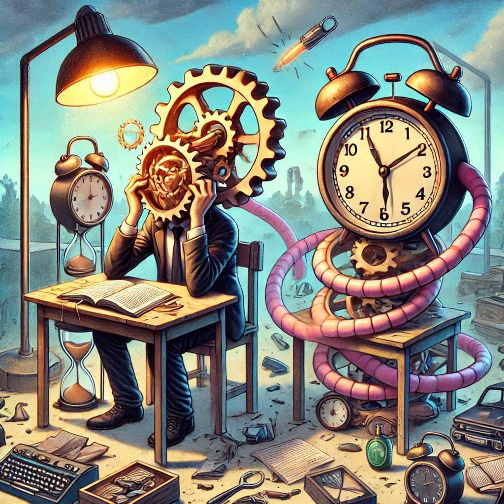 A surreal illustration of a person seated at a desk, overwhelmed by interlocking gears and timepieces. The figure holds mechanical cogs in front of their face, symbolizing bureaucratic processing. Surrounding them are alarm clocks, hourglasses, and scattered tools—suggesting chaos, delay, and dysfunction. Pink tubes connect the person to a large clock, while broken furniture and cloudy skies frame the scene. The image evokes a system designed by committee: mechanical, disjointed, and incapable of delivering timely relief. A surreal illustration of a person seated at a desk, overwhelmed by interlocking gears and timepieces. The figure holds mechanical cogs in front of their face, symbolizing bureaucratic processing. Surrounding them are alarm clocks, hourglasses, and scattered tools—suggesting chaos, delay, and dysfunction. Pink tubes connect the person to a large clock, while broken furniture and cloudy skies frame the scene. The image evokes a system designed by committee: mechanical, disjointed, and incapable of delivering timely relief.