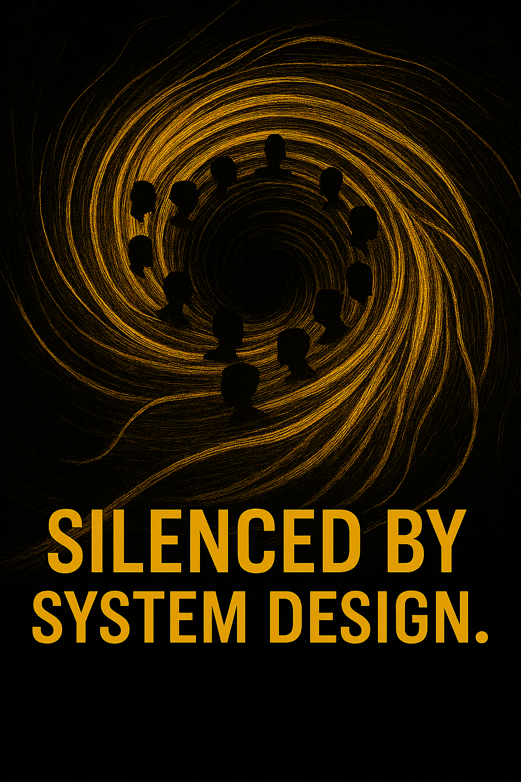 Golden threads spiral into a black vortex, interwoven with small black silhouettes of human faces. The faces are pulled inward, symbolizing citizen voices lost in a system designed to silence. The phrase “Silenced by system design” is overlaid in bold gold text at the bottom. The image represents structural failure in political workflows — where visibility is denied, accountability buried, and resolution erased. Golden threads spiral into a black vortex, interwoven with small black silhouettes of human faces. The faces are pulled inward, symbolizing citizen voices lost in a system designed to silence. The phrase “Silenced by system design” is overlaid in bold gold text at the bottom. The image represents structural failure in political workflows — where visibility is denied, accountability buried, and resolution erased.