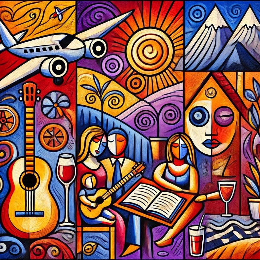Cubist-style painting composed of vibrant panels depicting travel, music, reading, and nature. Includes a white airplane, sun, mountains, palm tree, guitars, three human figures, drinks, and an open book. The composition blends geometric shapes and bold colours to evoke shared journeys, everyday resilience, and peaceful co-presence without dominance. Cubist-style painting composed of vibrant panels depicting travel, music, reading, and nature. Includes a white airplane, sun, mountains, palm tree, guitars, three human figures, drinks, and an open book. The composition blends geometric shapes and bold colours to evoke shared journeys, everyday resilience, and peaceful co-presence without dominance.
