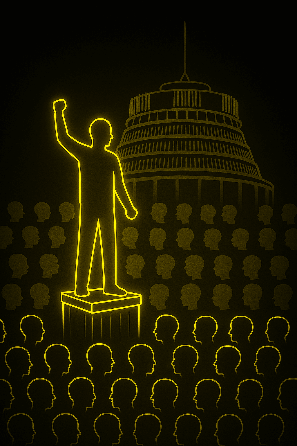 A neon-yellow silhouette of a person standing on a soapbox, raising one arm while facing a crowd of outlined heads. In the background, the Beehive building glows in matching neon yellow, symbolizing political authority. A neon-yellow silhouette of a person standing on a soapbox, raising one arm while facing a crowd of outlined heads. In the background, the Beehive building glows in matching neon yellow, symbolizing political authority.