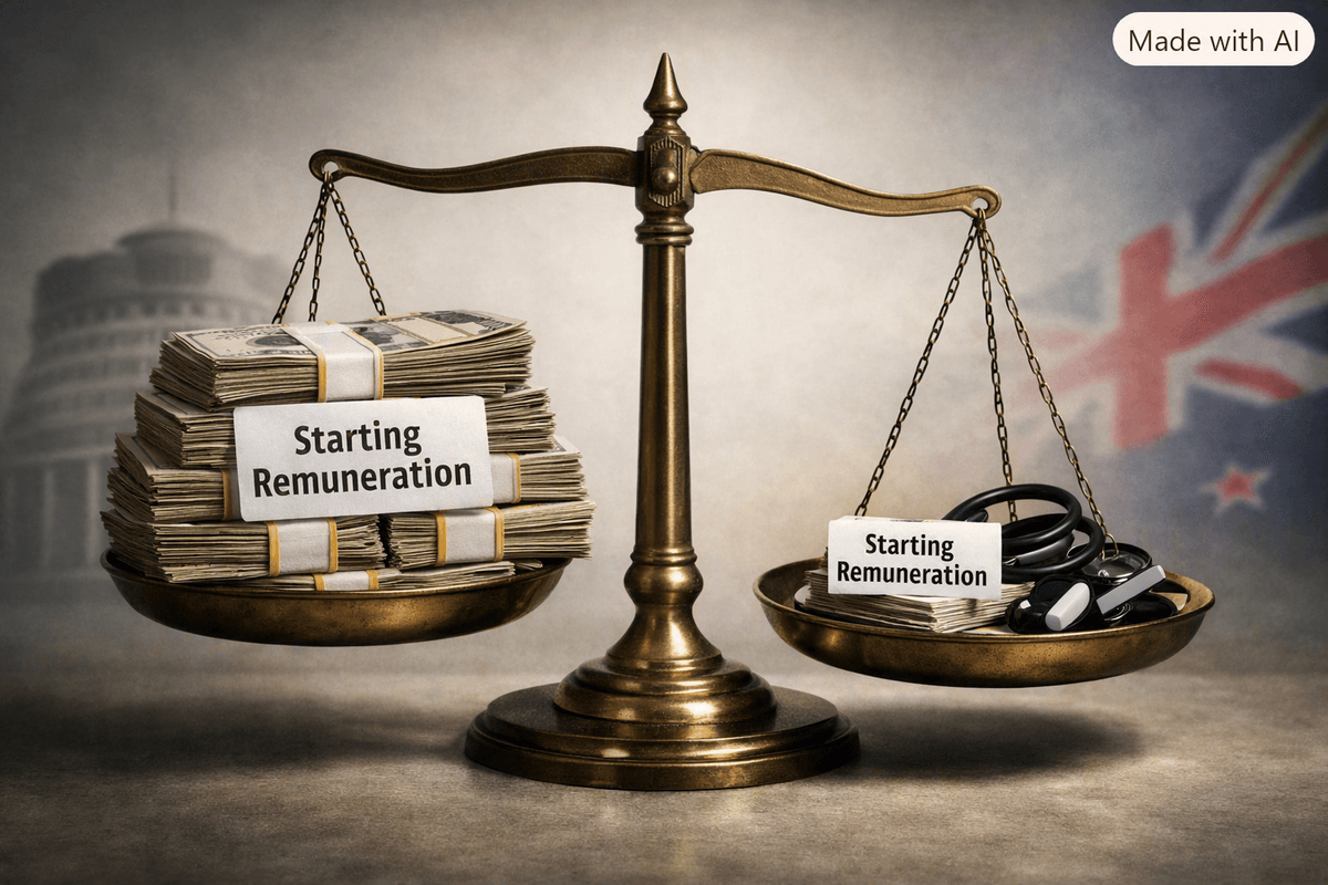 Photorealistic image of brass weighing scales tilted toward a large bundle of cash labelled ‘Starting Remuneration,’ representing MP pay and allowances, while the opposite pan holds a small stack of cash, a stethoscope, chalk, and a wrench symbolizing essential workers’ lower starting pay, with the New Zealand Beehive and flag faintly visible in the background. Photorealistic image of brass weighing scales tilted toward a large bundle of cash labelled ‘Starting Remuneration,’ representing MP pay and allowances, while the opposite pan holds a small stack of cash, a stethoscope, chalk, and a wrench symbolizing essential workers’ lower starting pay, with the New Zealand Beehive and flag faintly visible in the background.