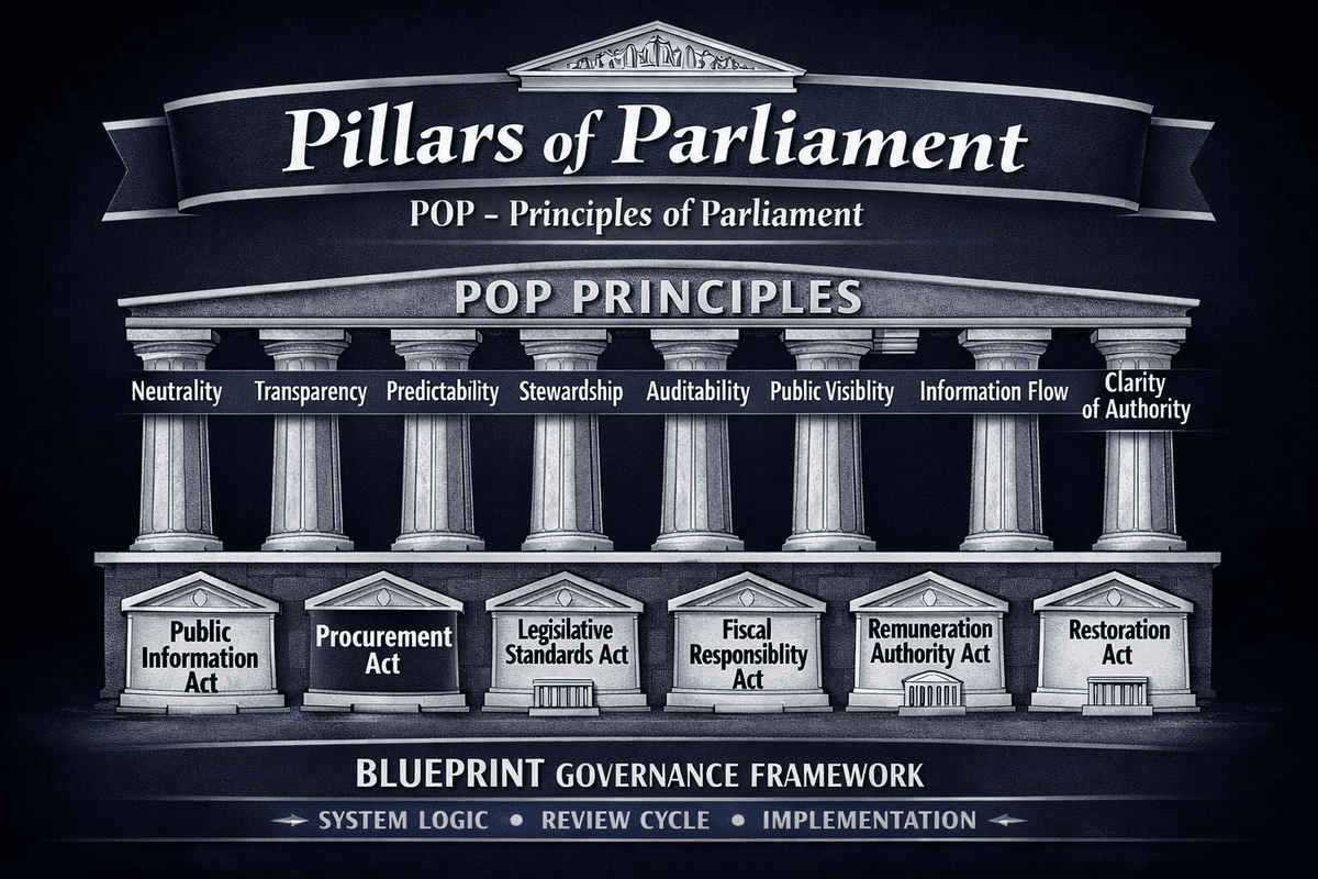 Diagram showing “Pillars of Parliament” (POP) as the overarching structure, with multiple legislative pillars beneath. Each pillar represents a core Act, visually arranged under the POP canopy, all styled in navy and silver to match the MOV ITx governance theme. Diagram showing “Pillars of Parliament” (POP) as the overarching structure, with multiple legislative pillars beneath. Each pillar represents a core Act, visually arranged under the POP canopy, all styled in navy and silver to match the MOV ITx governance theme.