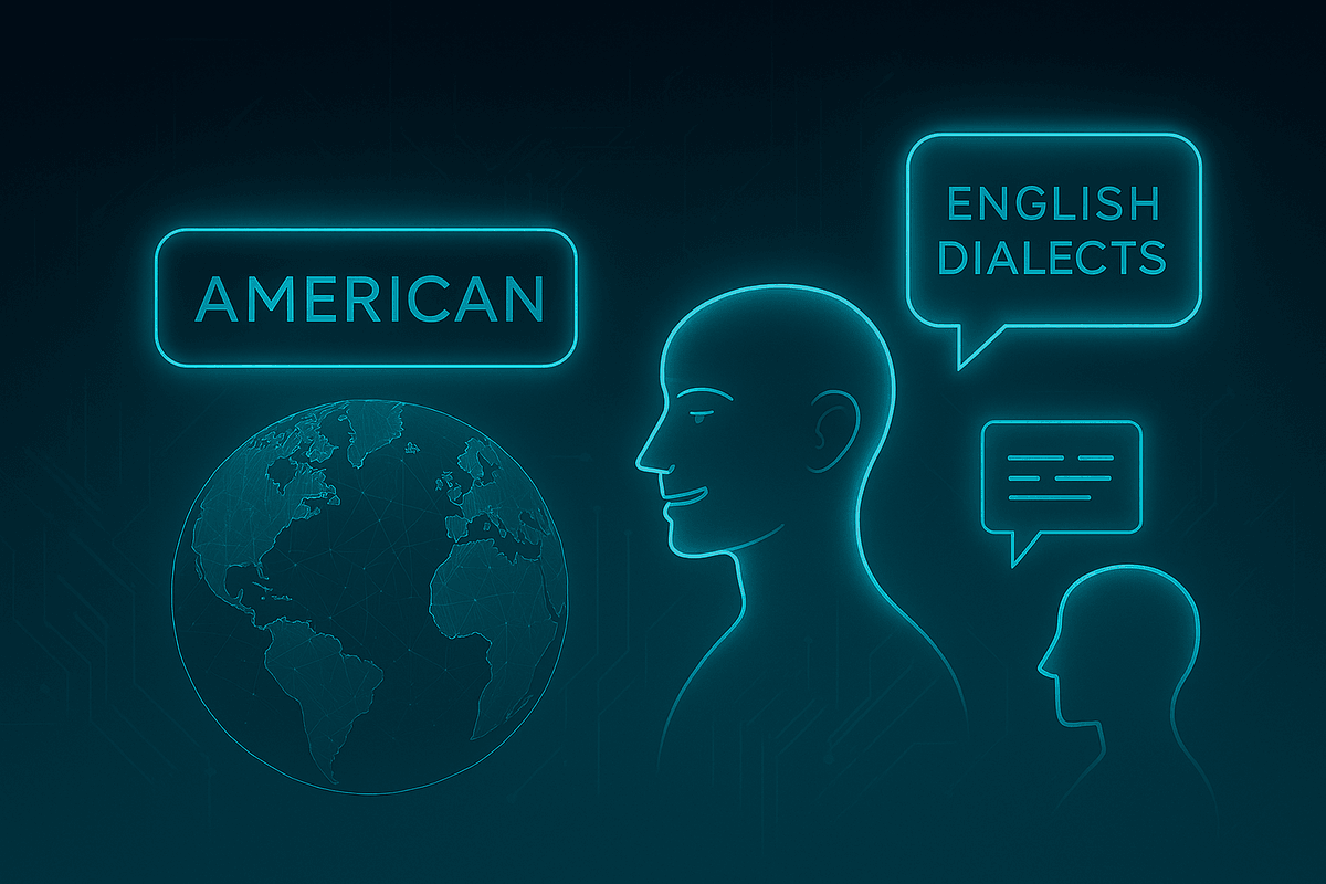 Dark background illustration showing Earth with glowing outlines of North and South America, Europe, and Africa. A glowing label above reads “AMERICAN.” To the right, two outlined human profiles face each other. The larger profile has a speech bubble labeled “ENGLISH DIALECTS,” while the smaller profile’s bubble contains three horizontal lines—symbolizing speech or text exchange. Dark background illustration showing Earth with glowing outlines of North and South America, Europe, and Africa. A glowing label above reads “AMERICAN.” To the right, two outlined human profiles face each other. The larger profile has a speech bubble labeled “ENGLISH DIALECTS,” while the smaller profile’s bubble contains three horizontal lines—symbolizing speech or text exchange.