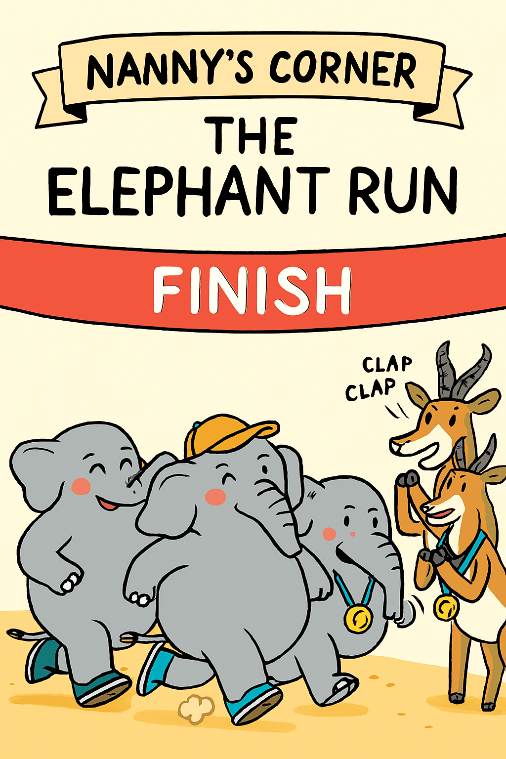 Three proud elephants crossing the red ribbon, flushed but smiling, each one a testament to grit over glamour. And those springboks? Medaled, clapping, and cheering like true allies in the great plod. The banner says it all: Finished Three proud elephants crossing the red ribbon, flushed but smiling, each one a testament to grit over glamour. And those springboks? Medaled, clapping, and cheering like true allies in the great plod. The banner says it all: Finished