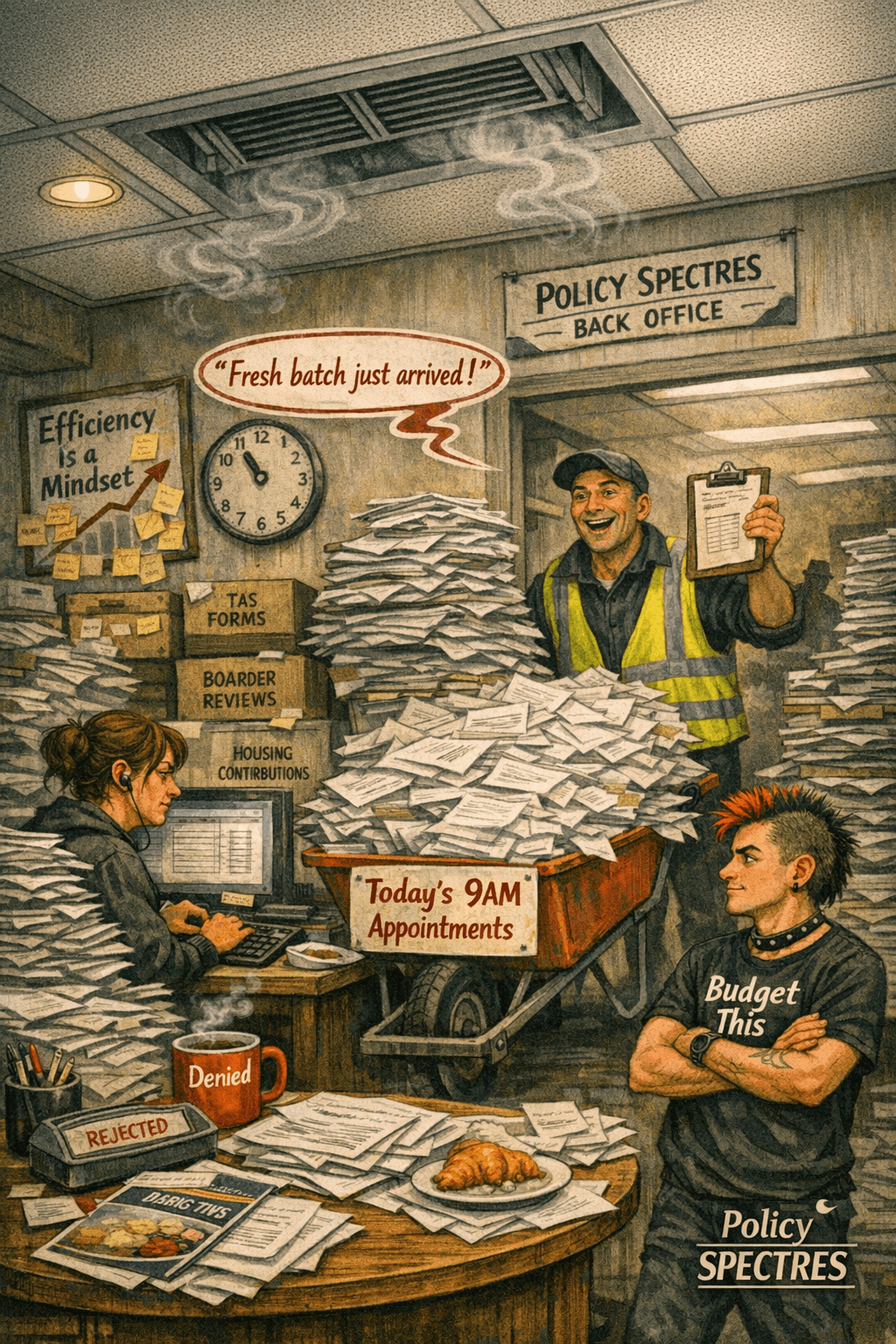 A grim back office sweatshop with a weary data entry worker buried in mountains of paperwork, typing frantically into an old computer. A cheerful courier in a high vis vest pushes a wheelbarrow overflowing with forms labeled todays 9am appointments calling out fresh batch just arrived. A grim back office sweatshop with a weary data entry worker buried in mountains of paperwork, typing frantically into an old computer. A cheerful courier in a high vis vest pushes a wheelbarrow overflowing with forms labeled todays 9am appointments calling out fresh batch just arrived.