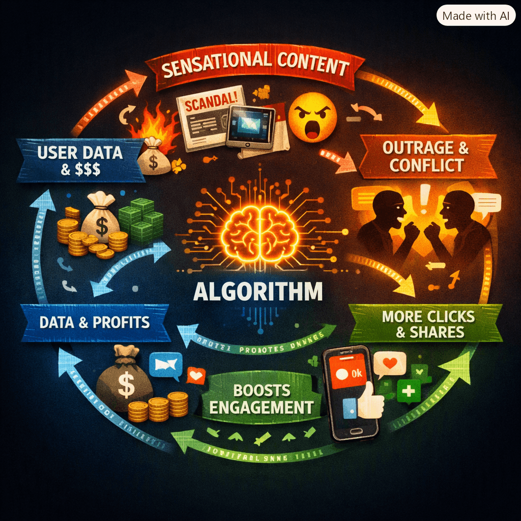 A circular digital illustration showing how social‑media algorithms feed themselves. In the center, a glowing brain labeled “Algorithm” is surrounded by circuit lines. Around it, four colored segments form a loop: “Sensational Content,” “Outrage & Conflict,” “More Clicks & Shares,” and “User Data & $$$.” Arrows connect each stage with phrases like “Promotes Outrage,” “Boosts Engagement,” “Data & Profits,” and “Feeds Back,” illustrating a self‑reinforcing cycle of profit and amplification. A circular digital illustration showing how social‑media algorithms feed themselves. In the center, a glowing brain labeled “Algorithm” is surrounded by circuit lines. Around it, four colored segments form a loop: “Sensational Content,” “Outrage & Conflict,” “More Clicks & Shares,” and “User Data & $$$.” Arrows connect each stage with phrases like “Promotes Outrage,” “Boosts Engagement,” “Data & Profits,” and “Feeds Back,” illustrating a self‑reinforcing cycle of profit and amplification.