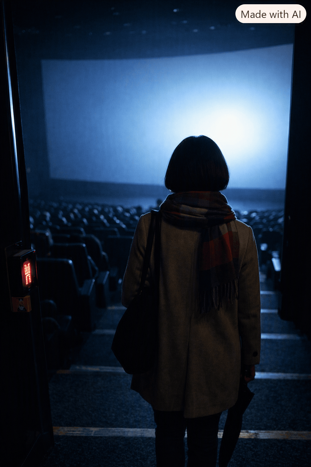 A woman in a beige coat and red‑and‑gray plaid scarf enters a dark IMAX theatre as the movie begins. Her silhouette is framed against the bright blue glow of the large screen, with rows of seats and faint aisle lights visible ahead. The scene captures the cinematic moment of arrival just as the film starts. A woman in a beige coat and red‑and‑gray plaid scarf enters a dark IMAX theatre as the movie begins. Her silhouette is framed against the bright blue glow of the large screen, with rows of seats and faint aisle lights visible ahead. The scene captures the cinematic moment of arrival just as the film starts.