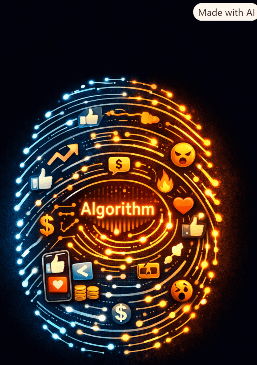 A glowing digital thumbprint made of circuit-like lines, with blue tones on the left and orange tones on the right. Small icons — likes, shares, dollar signs, hearts, flames, and angry emojis — are embedded along the fingerprint ridges. At the centre, the word “Algorithm” glows brightly, symbolising a self‑feeding system built from engagement signals. A glowing digital thumbprint made of circuit-like lines, with blue tones on the left and orange tones on the right. Small icons — likes, shares, dollar signs, hearts, flames, and angry emojis — are embedded along the fingerprint ridges. At the centre, the word “Algorithm” glows brightly, symbolising a self‑feeding system built from engagement signals.