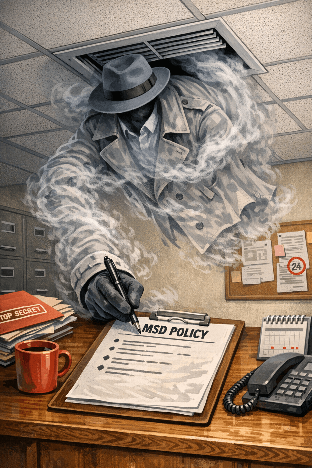 an invisible man in trench coat and fedora emerges ghost like from an office air vent mist swirling around him as he writes on an msd policy document . His gloved hand grips a pen mid sentence. A clipboard Top Secret folder and desk calandar anchor the scene in beauratic absurdity an invisible man in trench coat and fedora emerges ghost like from an office air vent mist swirling around him as he writes on an msd policy document . His gloved hand grips a pen mid sentence. A clipboard Top Secret folder and desk calandar anchor the scene in beauratic absurdity