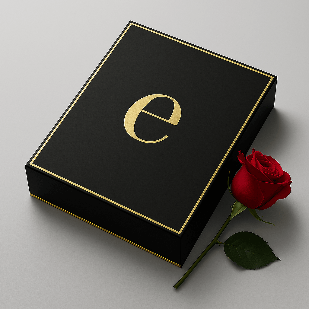 Black box with gold trim and E on the front with a rose beside it. © EPhoneWorld Project by Cindy Wilkinson— 2025. All rights reserved. Black box with gold trim and E on the front with a rose beside it. © EPhoneWorld Project by Cindy Wilkinson— 2025. All rights reserved.