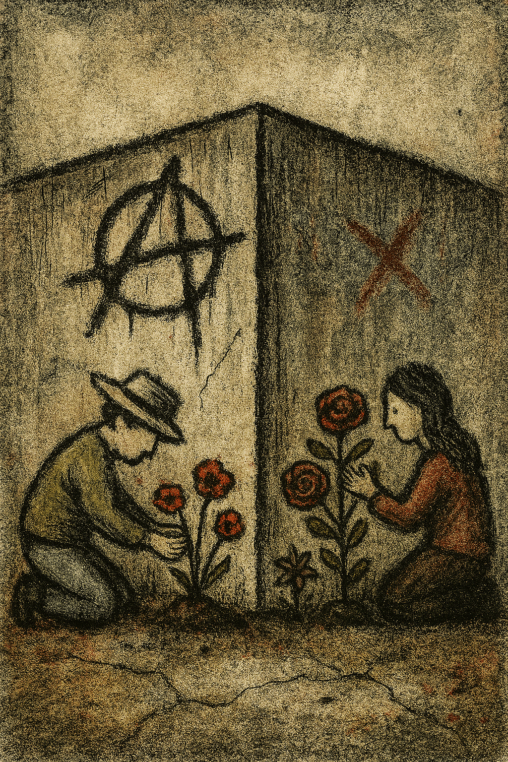 Sketch-style image of a fence with poppies and roses blooming on either side. The fence is rough and textured, with soil and roots visible. The image evokes coexistence, quiet care, and peace planted deliberately. Sketch-style image of a fence with poppies and roses blooming on either side. The fence is rough and textured, with soil and roots visible. The image evokes coexistence, quiet care, and peace planted deliberately.