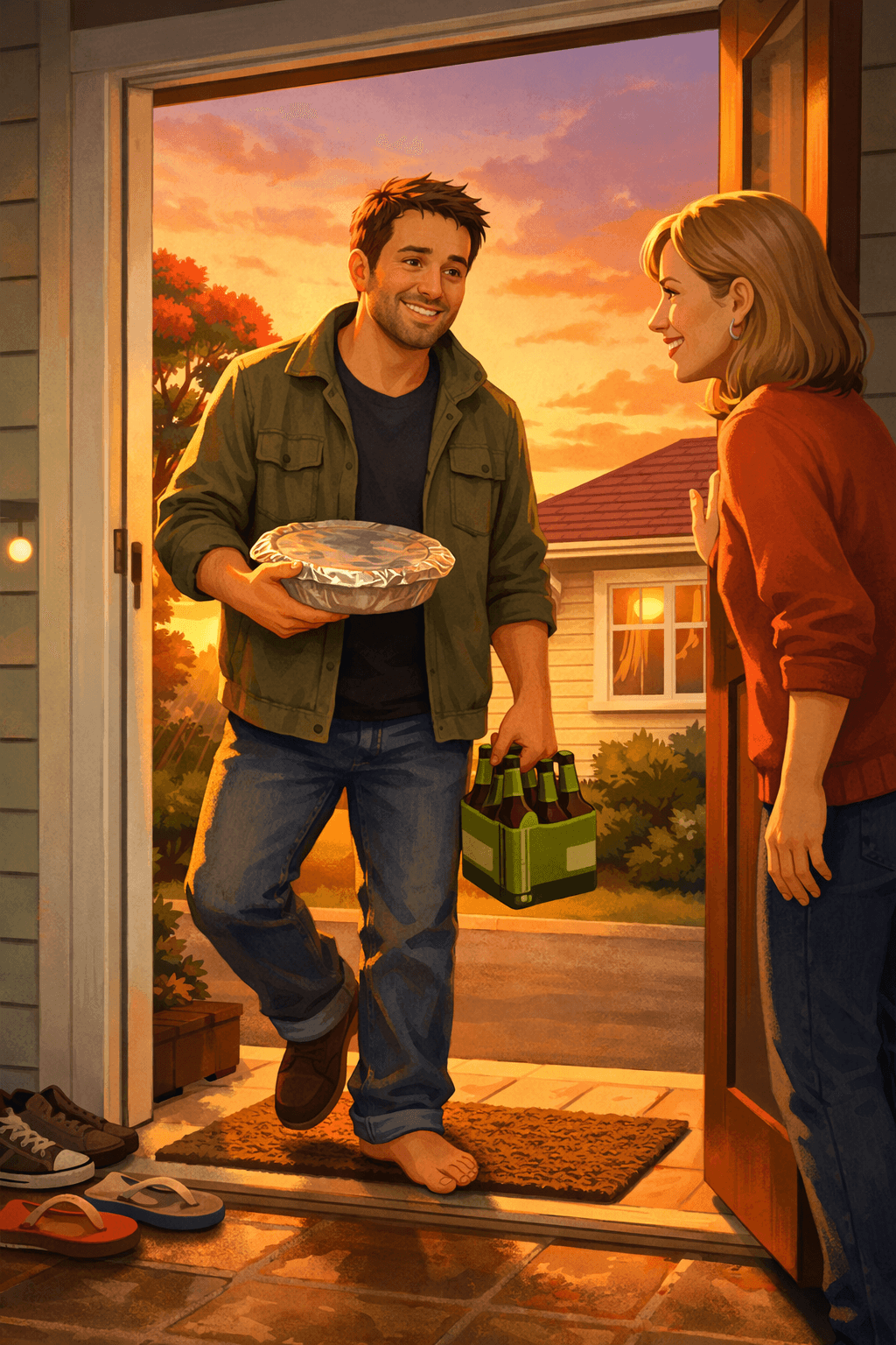 Illustration of a man being warmly welcomed at a New Zealand weatherboard home during sunset. He stands in the doorway with one shoe off, holding a foil‑covered plate and a six‑pack of beer, smiling at the woman greeting him. The scene glows with golden light, shoes lined up on the doormat, and a pōhutukawa tree blooming outside — capturing the wholesome Kiwi threshold moment. Illustration of a man being warmly welcomed at a New Zealand weatherboard home during sunset. He stands in the doorway with one shoe off, holding a foil‑covered plate and a six‑pack of beer, smiling at the woman greeting him. The scene glows with golden light, shoes lined up on the doormat, and a pōhutukawa tree blooming outside — capturing the wholesome Kiwi threshold moment.