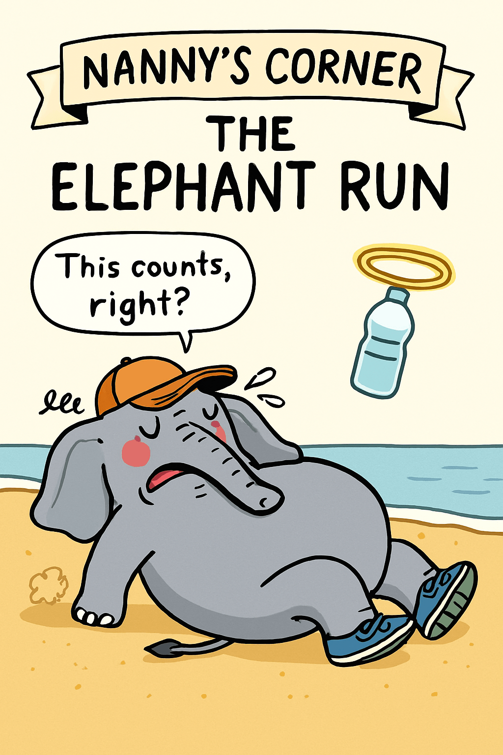 Fainting Elephant in sneakers, cap askew on a beach with water bottle in a halo and speach bubble says "This Counts Right?" Fainting Elephant in sneakers, cap askew on a beach with water bottle in a halo and speach bubble says "This Counts Right?"