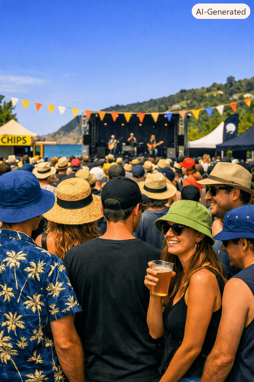 Crowd at a New Zealand summer festival wearing bucket hats, wide‑brim straw hats, and caps. The image shows people from the waist up as they watch a band perform on stage. Colorful bunting, food trucks, and green hills create a lively, sun‑safe Kiwi summer atmosphere Crowd at a New Zealand summer festival wearing bucket hats, wide‑brim straw hats, and caps. The image shows people from the waist up as they watch a band perform on stage. Colorful bunting, food trucks, and green hills create a lively, sun‑safe Kiwi summer atmosphere