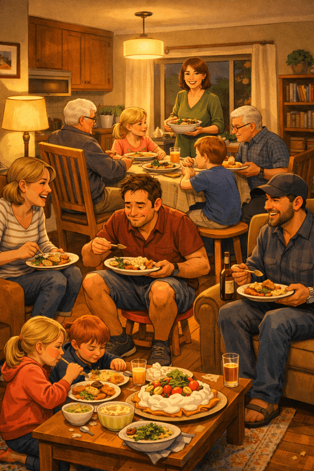 Illustration of a cosy Kiwi lounge‑and‑dining area during an evening meal. Elders and kids sit comfortably at proper tables while adults perch on armchairs, couch arms, and a too‑small stool, balancing plates on their knees. A host stands smiling with a serving bowl, warm lamplight fills the room, and the scene feels slightly chaotic, humorous, and very Kiwi. Illustration of a cosy Kiwi lounge‑and‑dining area during an evening meal. Elders and kids sit comfortably at proper tables while adults perch on armchairs, couch arms, and a too‑small stool, balancing plates on their knees. A host stands smiling with a serving bowl, warm lamplight fills the room, and the scene feels slightly chaotic, humorous, and very Kiwi.