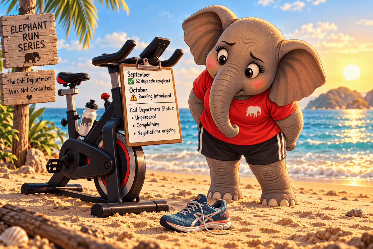 Illustrated Elephant Run Series image showing an elephant in a red workout shirt standing on a tropical beach next to a spin bike. The elephant is looking down at a running shoe on the sand as if reconsidering a new exercise plan. A clipboard attached to the bike lists September as "32 days spin completed" and October as "Running introduced," followed by a "Calf Department Status" report reading "Unprepared," "Complaining," and "Negotiations ongoing." Beach scenery, ocean water, palm trees, and a wooden sign reading "The Calf Department Was Not Consulted" reinforce the joke about sore calf muscles after switching from cycling to running Illustrated Elephant Run Series image showing an elephant in a red workout shirt standing on a tropical beach next to a spin bike. The elephant is looking down at a running shoe on the sand as if reconsidering a new exercise plan. A clipboard attached to the bike lists September as "32 days spin completed" and October as "Running introduced," followed by a "Calf Department Status" report reading "Unprepared," "Complaining," and "Negotiations ongoing." Beach scenery, ocean water, palm trees, and a wooden sign reading "The Calf Department Was Not Consulted" reinforce the joke about sore calf muscles after switching from cycling to running