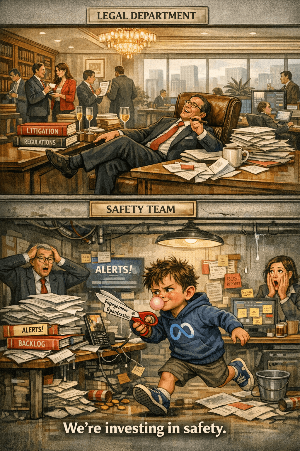 A split‑screen office shows a luxurious top floor labeled “Legal Department,” full of relaxed lawyers with champagne and paperwork, and a cramped bottom floor labeled “Safety Team,” where two exhausted engineers drown in bug reports and overdue alerts. Caption reads “We’re investing in safety.” A split‑screen office shows a luxurious top floor labeled “Legal Department,” full of relaxed lawyers with champagne and paperwork, and a cramped bottom floor labeled “Safety Team,” where two exhausted engineers drown in bug reports and overdue alerts. Caption reads “We’re investing in safety.”