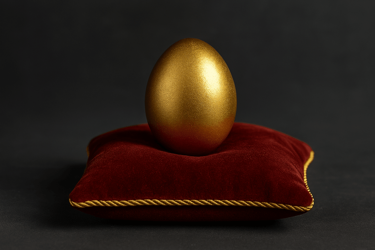 A single golden egg with a smooth, reflective surface rests on a plush red velvet cushion trimmed with gold cord, set against a dark background. The egg symbolizes luxury pricing and inflated value for a basic staple. A single golden egg with a smooth, reflective surface rests on a plush red velvet cushion trimmed with gold cord, set against a dark background. The egg symbolizes luxury pricing and inflated value for a basic staple.