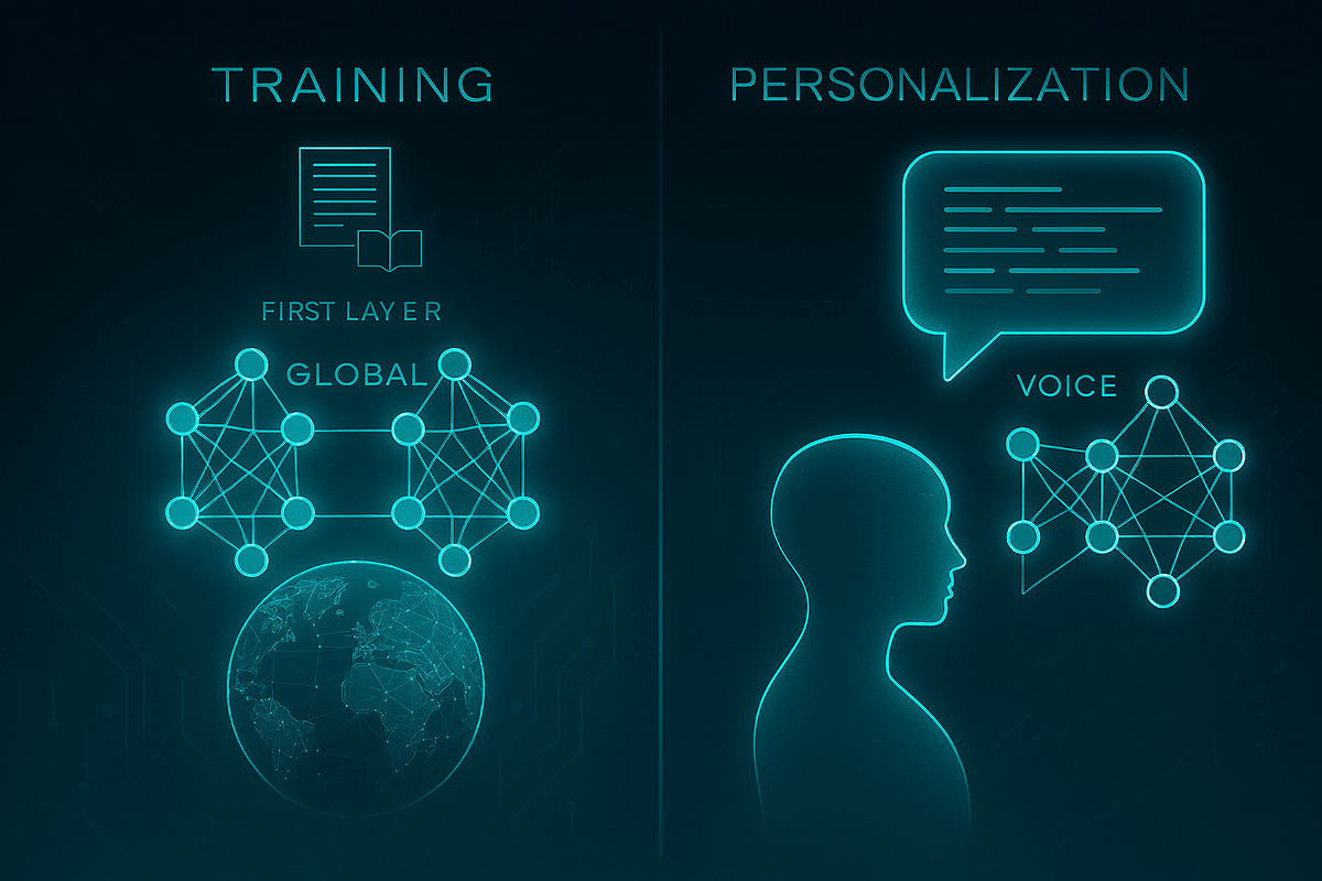 Split-panel illustration labeled “TRAINING” on the left and “PERSONALIZATION” on the right. Left side: An open book labeled “FIRST LAYER,” a neural network diagram labeled “GLOBAL,” and an image of Earth—representing global model training. Right side: A human head silhouette facing a speech bubble labeled “VOICE,” with a nearby neural network diagram—representing personalized AI adaptation based on voice input. Split-panel illustration labeled “TRAINING” on the left and “PERSONALIZATION” on the right. Left side: An open book labeled “FIRST LAYER,” a neural network diagram labeled “GLOBAL,” and an image of Earth—representing global model training. Right side: A human head silhouette facing a speech bubble labeled “VOICE,” with a nearby neural network diagram—representing personalized AI adaptation based on voice input.