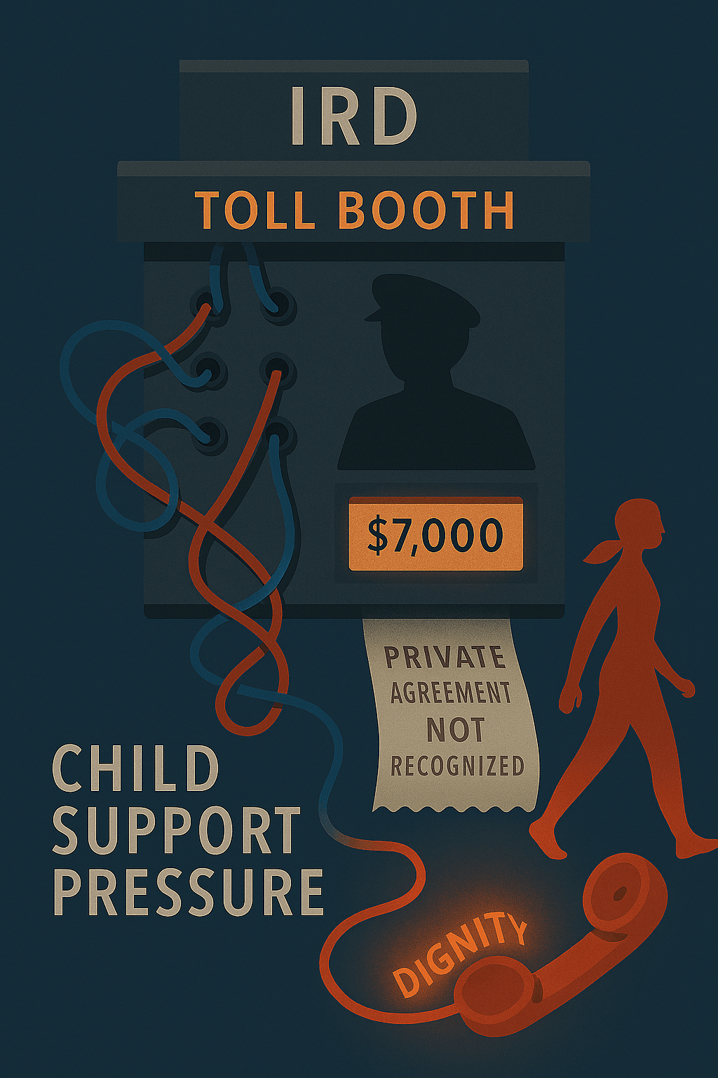 A toll booth labeled “IRD” prints a receipt for $7,000. A sign reads “Private Agreement Not Recognized.” A woman walks past on a glowing path, symbolizing backbone and autonomy despite institutional demands. A toll booth labeled “IRD” prints a receipt for $7,000. A sign reads “Private Agreement Not Recognized.” A woman walks past on a glowing path, symbolizing backbone and autonomy despite institutional demands.