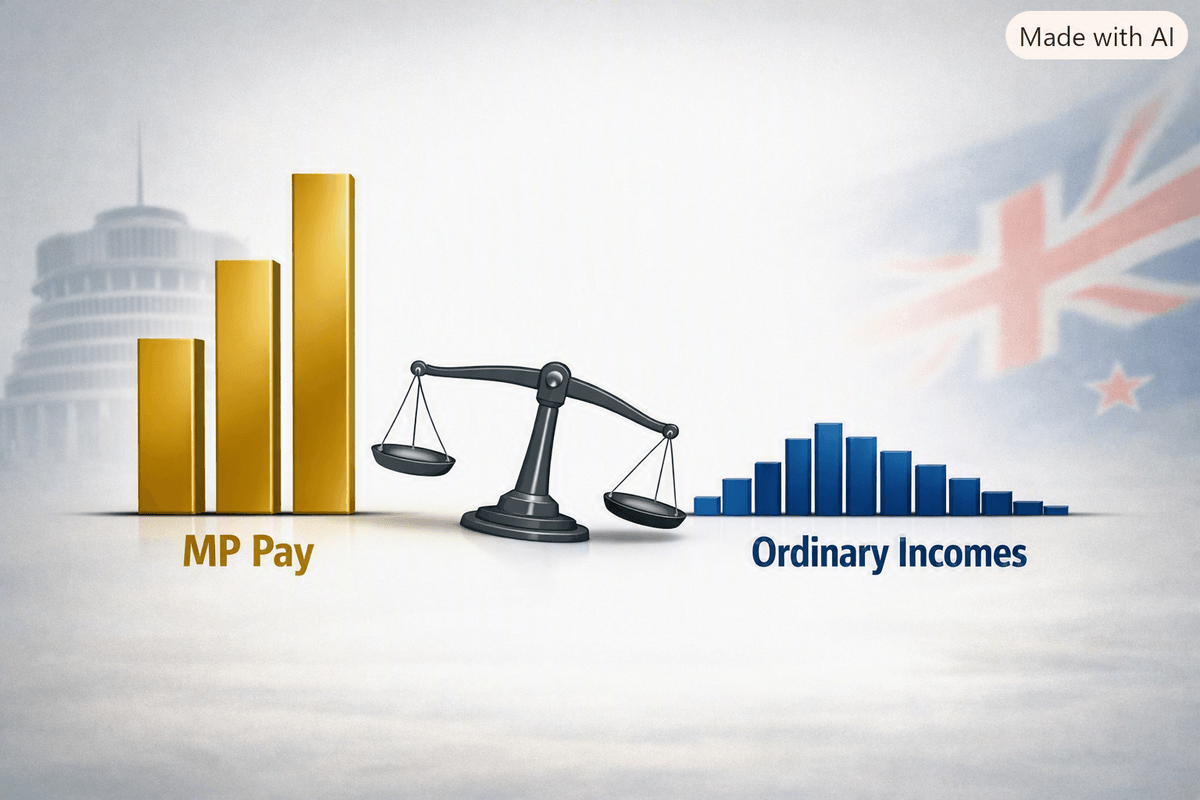 Infographic showing tall gold bars labelled ‘MP Pay’ on the left and a cluster of short blue bars labelled ‘Ordinary Incomes’ on the right, separated by a wide gap. A tilted fairness scale leans toward the gold bars, symbolising the current imbalance. Faint silhouettes of the Beehive and New Zealand flag appear in the background Infographic showing tall gold bars labelled ‘MP Pay’ on the left and a cluster of short blue bars labelled ‘Ordinary Incomes’ on the right, separated by a wide gap. A tilted fairness scale leans toward the gold bars, symbolising the current imbalance. Faint silhouettes of the Beehive and New Zealand flag appear in the background