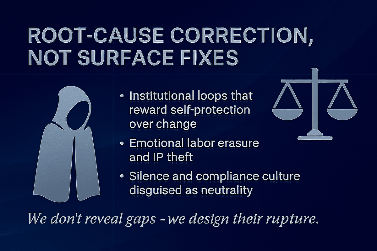 Dark navy slide with centered large text reading ‘Root Cause Correction not surface fixes" in steel blue. Text has a soft glow for contrast against the background. Minimal design with high color contrast and clear font for legibility. Visual anchors refusal-coded clarity and legacy elevation Dark navy slide with centered large text reading ‘Root Cause Correction not surface fixes" in steel blue. Text has a soft glow for contrast against the background. Minimal design with high color contrast and clear font for legibility. Visual anchors refusal-coded clarity and legacy elevation
