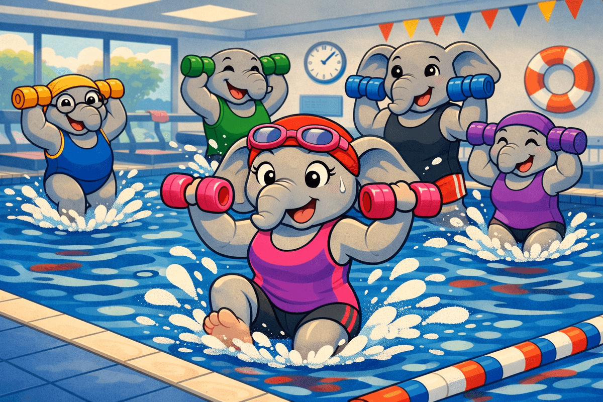 A cheerful cartoon scene of elephants doing aqua fitness in an indoor pool. In the foreground, a female elephant in a pink and purple swimsuit jumps and splashes while holding two pink foam dumbbells, looking surprised but determined. Around her, other elephants in colorful swimwear hold matching dumbbells and jump enthusiastically, sending water flying. The pool is bright and lively, with banners, a clock, and a lifebuoy in the background. A cheerful cartoon scene of elephants doing aqua fitness in an indoor pool. In the foreground, a female elephant in a pink and purple swimsuit jumps and splashes while holding two pink foam dumbbells, looking surprised but determined. Around her, other elephants in colorful swimwear hold matching dumbbells and jump enthusiastically, sending water flying. The pool is bright and lively, with banners, a clock, and a lifebuoy in the background.