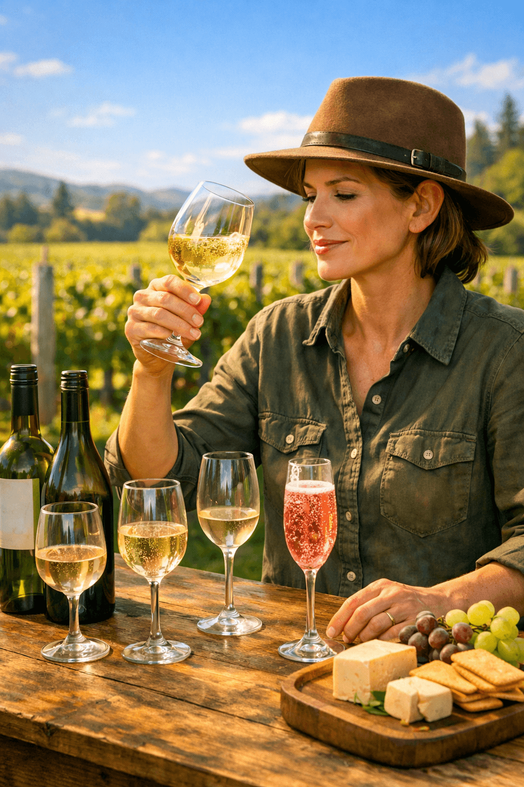 A winemaker stands at a vineyard tasting table surrounded by rows of grapevines under bright afternoon light. They swirl a glass of white wine, examining its colour while bottles and tasting glasses sit on a wooden table beside a platter of cheese and grapes. The scene captures the relaxed elegance of New Zealand wine culture — sunlit vines, crisp air, and quiet pride in local craft. A winemaker stands at a vineyard tasting table surrounded by rows of grapevines under bright afternoon light. They swirl a glass of white wine, examining its colour while bottles and tasting glasses sit on a wooden table beside a platter of cheese and grapes. The scene captures the relaxed elegance of New Zealand wine culture — sunlit vines, crisp air, and quiet pride in local craft.