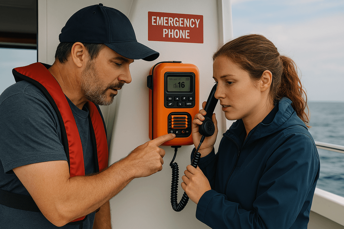 Two people stand on a boat deck during daylight, one instructing the other on how to use an emergency phone mounted near safety equipment. Lifeboats are positioned above, and the surrounding ocean is calm. The atmosphere evokes care, readiness, and relational protection. Two people stand on a boat deck during daylight, one instructing the other on how to use an emergency phone mounted near safety equipment. Lifeboats are positioned above, and the surrounding ocean is calm. The atmosphere evokes care, readiness, and relational protection.