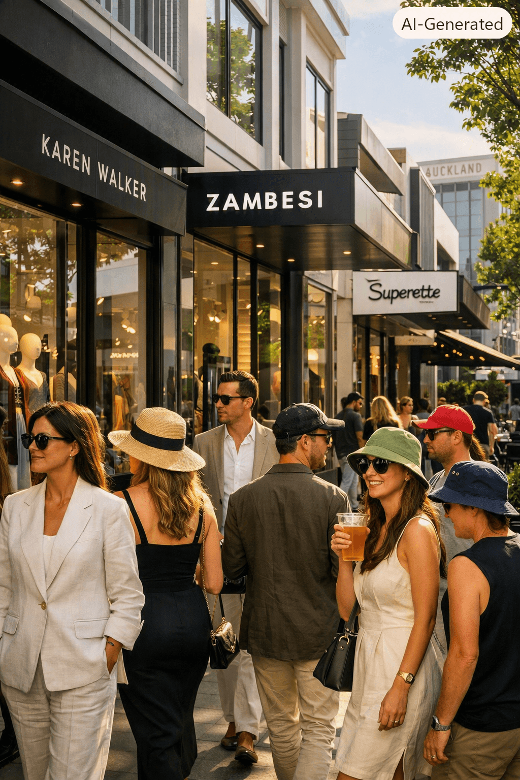 Upscale street scene in Newmarket, Auckland, showing stylish pedestrians walking past boutique storefronts like Karen Walker, Zambesi, and Superette. Afternoon sunlight reflects off modern glass windows as people in designer outfits stroll through a polished, tree‑lined fashion district Upscale street scene in Newmarket, Auckland, showing stylish pedestrians walking past boutique storefronts like Karen Walker, Zambesi, and Superette. Afternoon sunlight reflects off modern glass windows as people in designer outfits stroll through a polished, tree‑lined fashion district