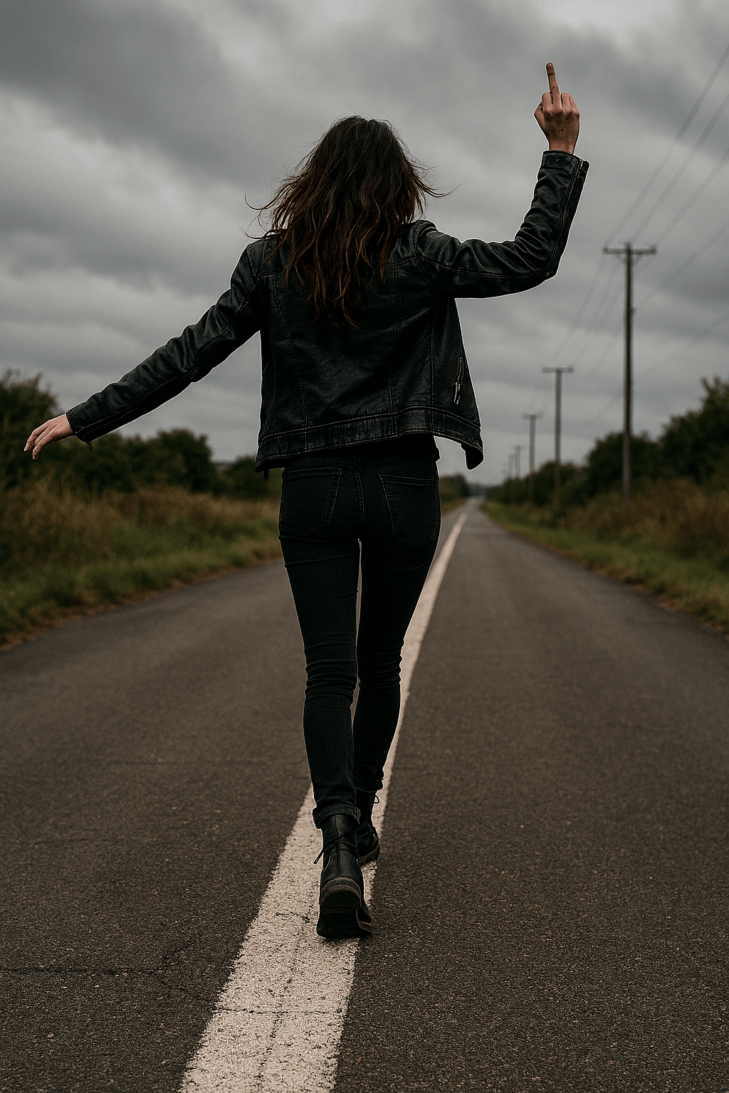 A woman in a black leather jacket and boots walks along a worn white line on an empty rural road, arms outstretched for balance. Her left hand flips the middle finger, hair tousled by wind under a heavy gray sky. The road stretches into the distance, flanked by wild grass and power lines, evoking defiance, motion, and refusal-coded clarity. A woman in a black leather jacket and boots walks along a worn white line on an empty rural road, arms outstretched for balance. Her left hand flips the middle finger, hair tousled by wind under a heavy gray sky. The road stretches into the distance, flanked by wild grass and power lines, evoking defiance, motion, and refusal-coded clarity.