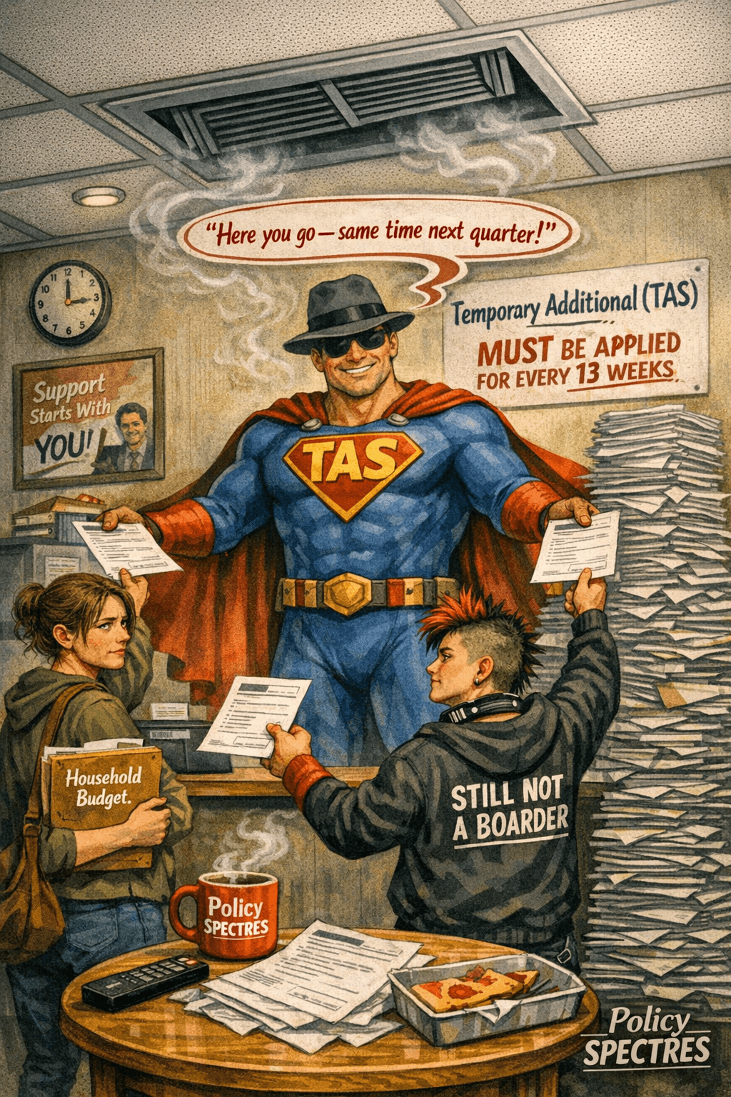 A caped superhero with TAS on his chest hands forms to the mohter and punk teenager at the msd office. Behind him a towering stack of paperwork looms. A sign declares TAS must be applied for every 13 weeks. A teenagers hoodie reads Still not a Boarder. A policy Spectres watermark anchors the satire A caped superhero with TAS on his chest hands forms to the mohter and punk teenager at the msd office. Behind him a towering stack of paperwork looms. A sign declares TAS must be applied for every 13 weeks. A teenagers hoodie reads Still not a Boarder. A policy Spectres watermark anchors the satire