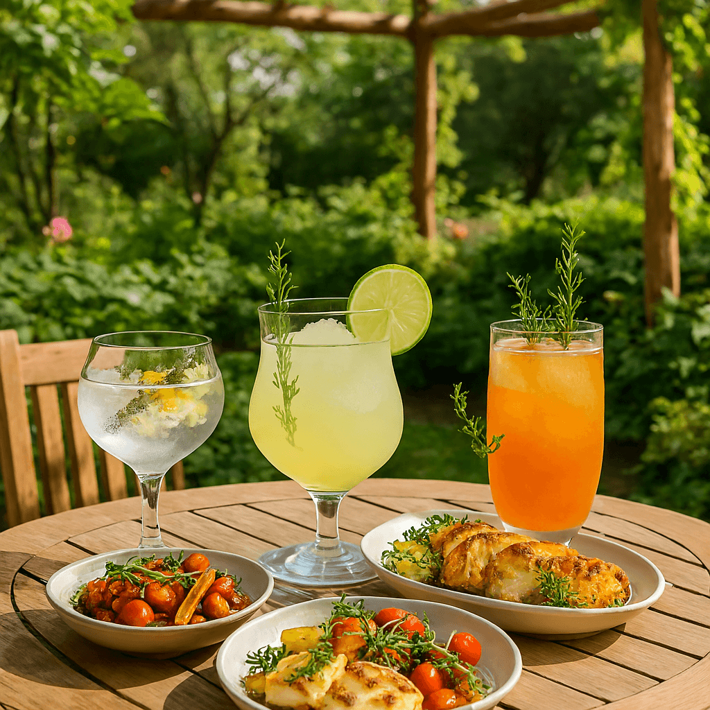 A rustic wooden table set in a lush garden bar, surrounded by greenery and pink flowers under a leafy trellis. On the table are three thyme-garnished drinks—a clear gin and tonic with lemon twist, a pale lemonade with lime and thyme, and an orange mocktail with thyme sprig—alongside three thyme-flavored dishes: roasted root vegetables, grilled halloumi with cherry tomatoes, and sliced roasted chicken with lemon wedges. Sunlight filters through the leaves, casting soft shadows across the table. A rustic wooden table set in a lush garden bar, surrounded by greenery and pink flowers under a leafy trellis. On the table are three thyme-garnished drinks—a clear gin and tonic with lemon twist, a pale lemonade with lime and thyme, and an orange mocktail with thyme sprig—alongside three thyme-flavored dishes: roasted root vegetables, grilled halloumi with cherry tomatoes, and sliced roasted chicken with lemon wedges. Sunlight filters through the leaves, casting soft shadows across the table.