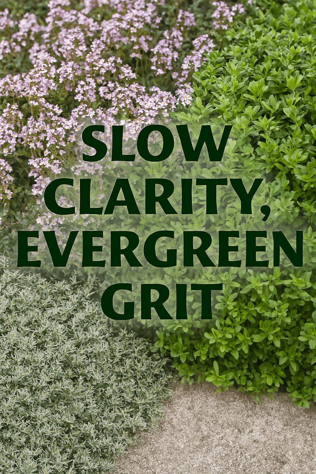 Background of various thyme plants and text slow clarity with evergreen grit Background of various thyme plants and text slow clarity with evergreen grit