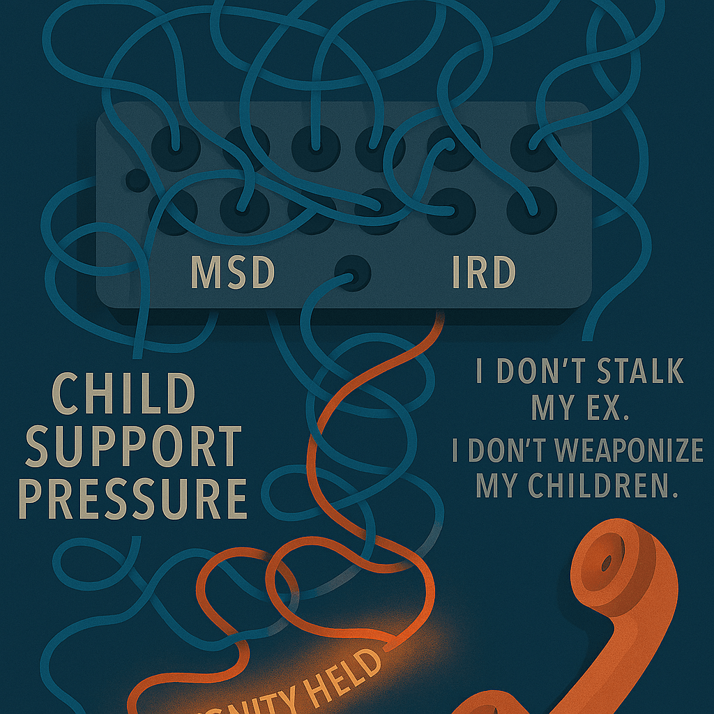 A chaotic switchboard with tangled wires labeled “MSD,” “IRD,” and “Child Support Pressure.” A disconnected phone sits nearby. One glowing wire labeled “Dignity Held” connects to the phone, symbolizing refusal to comply with institutional pressure. A chaotic switchboard with tangled wires labeled “MSD,” “IRD,” and “Child Support Pressure.” A disconnected phone sits nearby. One glowing wire labeled “Dignity Held” connects to the phone, symbolizing refusal to comply with institutional pressure.