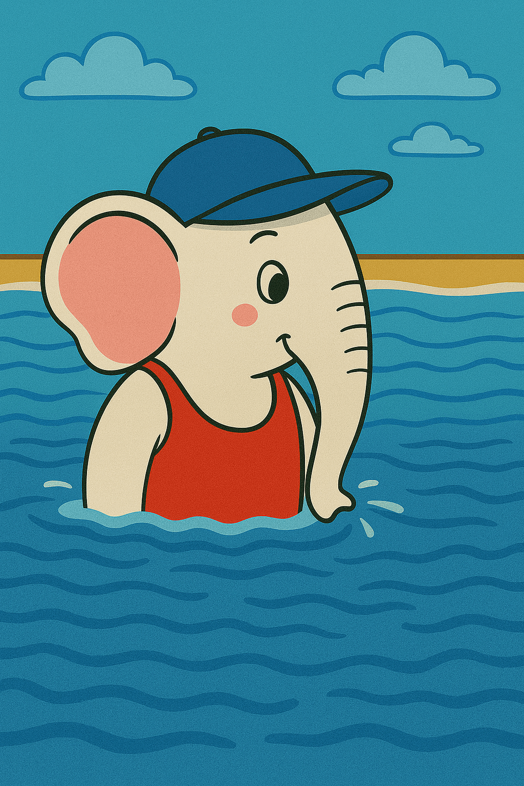 A cartoon-style white elephant struts through chest-deep surf in bold red togs and a blue cap, radiating post-run pride and splashy sass. A cartoon-style white elephant struts through chest-deep surf in bold red togs and a blue cap, radiating post-run pride and splashy sass.