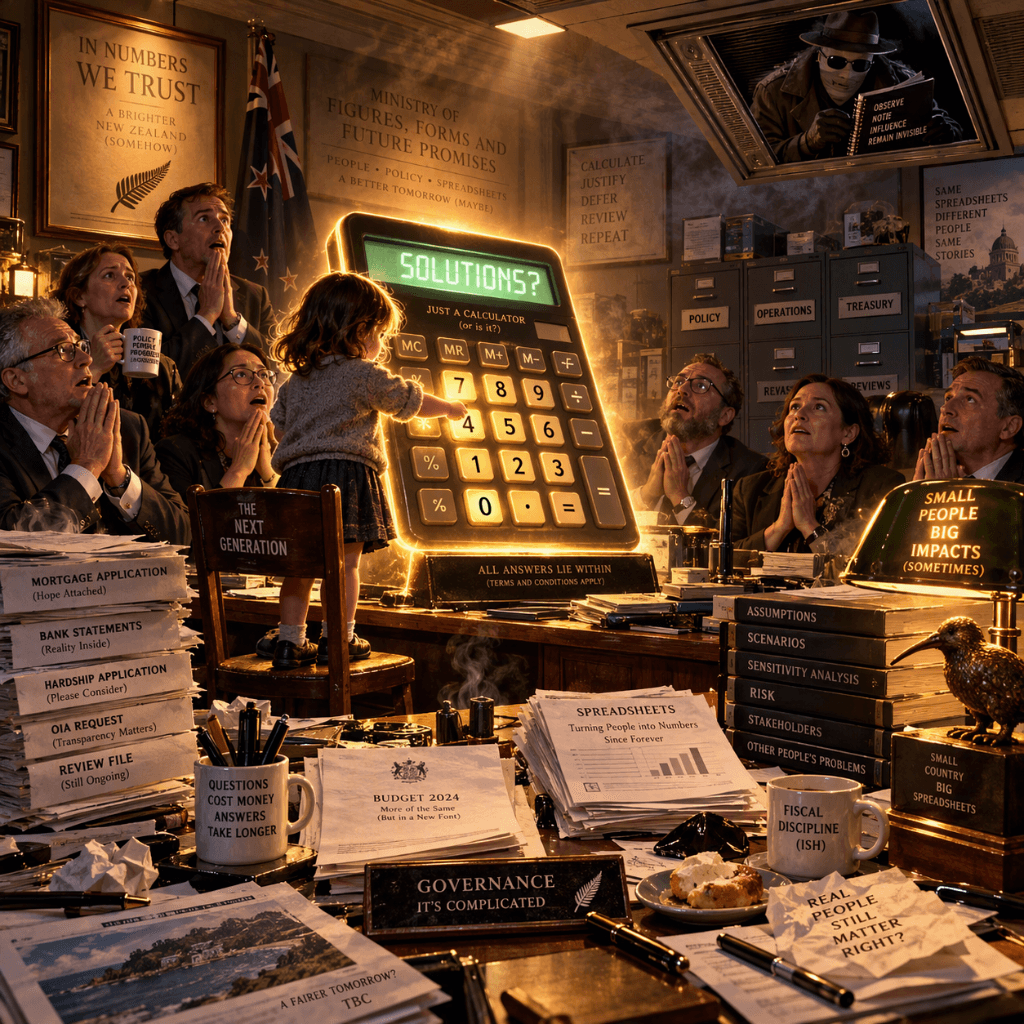 Satirical government office, dramatic noir editorial illustration. A giant glowing calculator sits at the centre of a cluttered government desk like a mystical oracle. A small child stands on a chair pressing calculator buttons while bureaucrats, reviewers, and officials watch in amazement as if witnessing advanced financial modelling. Mortgage documents, bank statements, hardship applications, OIA requests, review files, and spreadsheets are scattered across the desk. Filing cabinets in the background labelled Policy, Operations, Treasury, and Reviews. In a ceiling vent above the room, the Invisible Man in a trench coat and fedora quietly observes while taking notes in a notebook. Warm amber lighting, atmospheric smoke, dramatic shadows, political satire, governance satire, editorial magazine cover artwork, highly detailed storytelling composition, no empty space, rich texture, cinematic scene. The calculator glows like a magical artifact and is treated with reverence by everyone in the room. Satirical government office, dramatic noir editorial illustration. A giant glowing calculator sits at the centre of a cluttered government desk like a mystical oracle. A small child stands on a chair pressing calculator buttons while bureaucrats, reviewers, and officials watch in amazement as if witnessing advanced financial modelling. Mortgage documents, bank statements, hardship applications, OIA requests, review files, and spreadsheets are scattered across the desk. Filing cabinets in the background labelled Policy, Operations, Treasury, and Reviews. In a ceiling vent above the room, the Invisible Man in a trench coat and fedora quietly observes while taking notes in a notebook. Warm amber lighting, atmospheric smoke, dramatic shadows, political satire, governance satire, editorial magazine cover artwork, highly detailed storytelling composition, no empty space, rich texture, cinematic scene. The calculator glows like a magical artifact and is treated with reverence by everyone in the room.