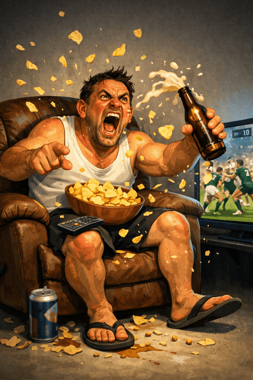 A chaotic cartoon scene shows an over‑the‑top Kiwi armchair critic in a recliner, mid‑yell at a glowing TV showing a blurry rugby match. He’s red‑faced, pointing furiously at the screen while a beer bottle in his other hand spills foam everywhere. Chips fly through the air from a bowl tipping off his lap, and a lone jandal hangs off one foot while the other is bare. The TV’s bright light illuminates his exaggerated expression as snacks, beer cans, and crumbs scatter around the chair, capturing the full comedic chaos of couch‑side sports commentary. A chaotic cartoon scene shows an over‑the‑top Kiwi armchair critic in a recliner, mid‑yell at a glowing TV showing a blurry rugby match. He’s red‑faced, pointing furiously at the screen while a beer bottle in his other hand spills foam everywhere. Chips fly through the air from a bowl tipping off his lap, and a lone jandal hangs off one foot while the other is bare. The TV’s bright light illuminates his exaggerated expression as snacks, beer cans, and crumbs scatter around the chair, capturing the full comedic chaos of couch‑side sports commentary.