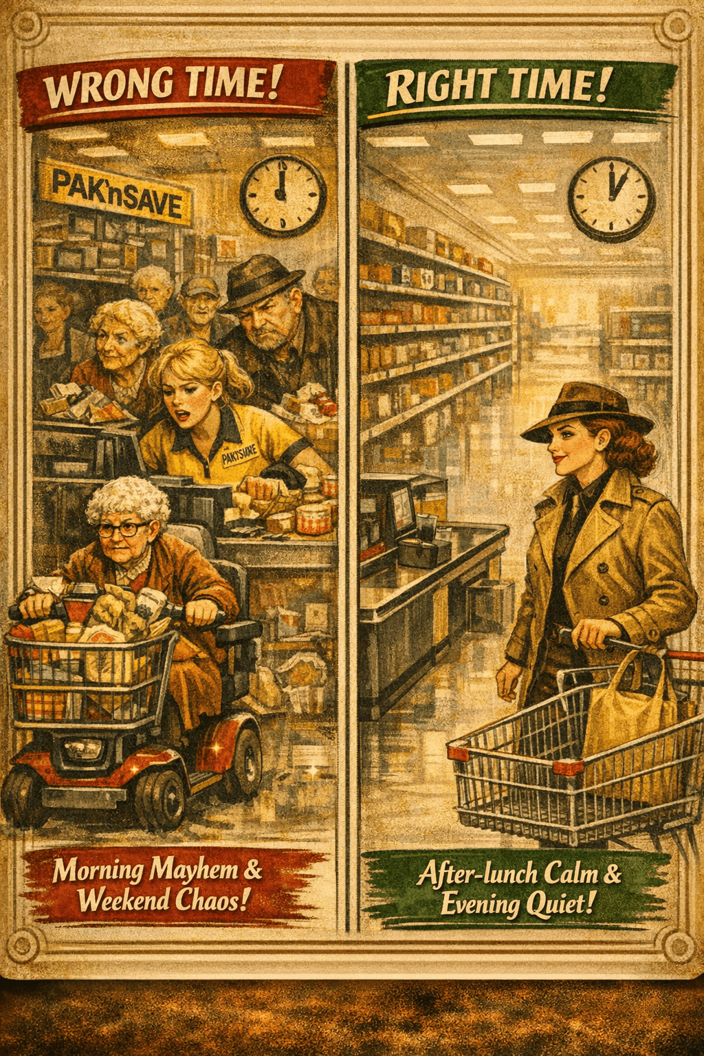 • Left panel: Morning chaos at Pak’nSave — retirees, mobility scooters, stressed checkout operator • Right panel: After‑lunch calm — empty aisles, relaxed operator, Agent 86 approaching with confidence • Left panel: Morning chaos at Pak’nSave — retirees, mobility scooters, stressed checkout operator • Right panel: After‑lunch calm — empty aisles, relaxed operator, Agent 86 approaching with confidence