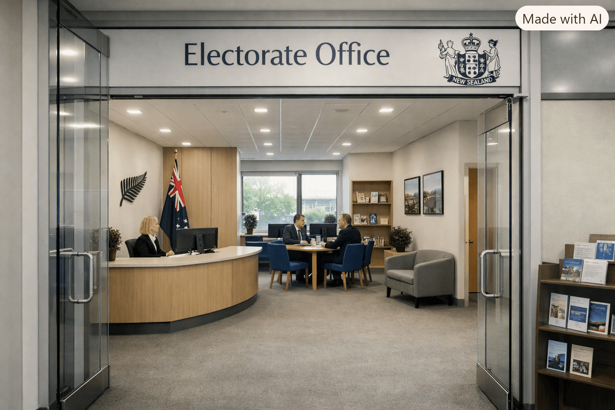 Photorealistic interior of a modern New Zealand electorate office with glass‑door entrance, official ‘Electorate Office’ signage, the New Zealand flag and coat of arms displayed, a staffed reception desk, meeting table, and waiting area in a bright, professional setting Photorealistic interior of a modern New Zealand electorate office with glass‑door entrance, official ‘Electorate Office’ signage, the New Zealand flag and coat of arms displayed, a staffed reception desk, meeting table, and waiting area in a bright, professional setting
