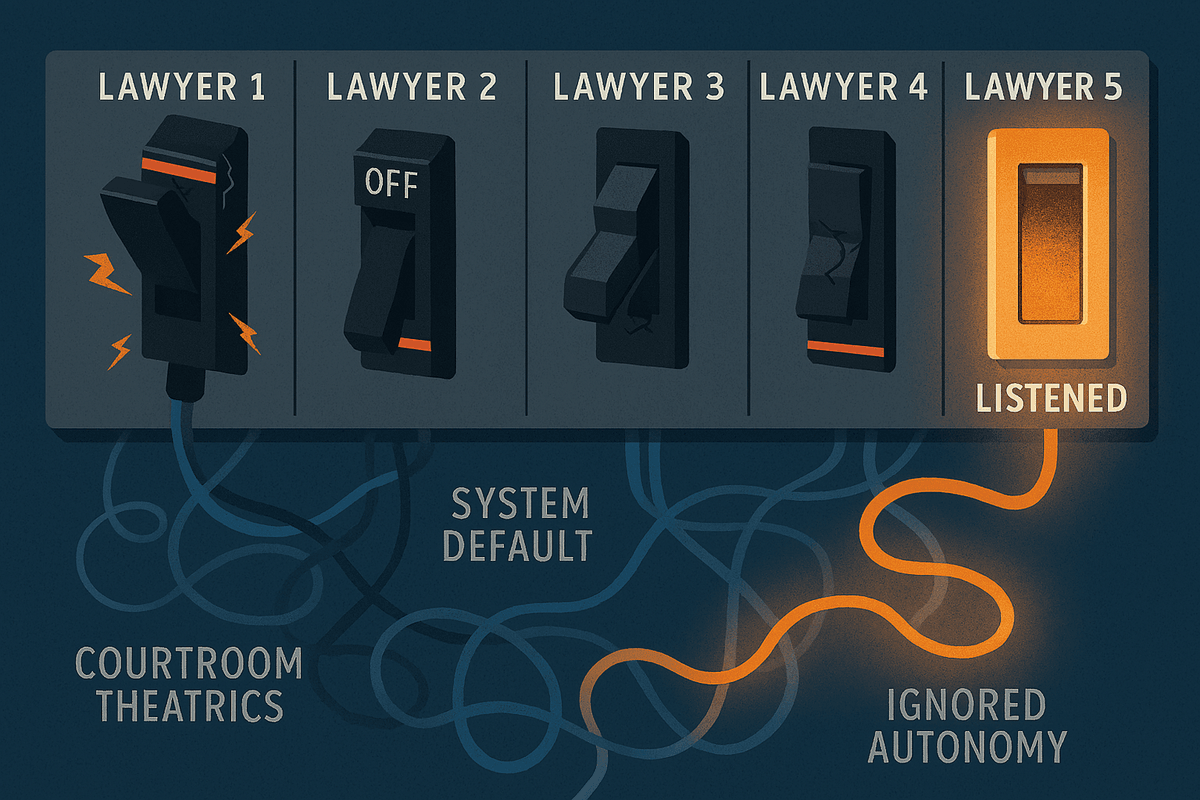 Five labeled circuit breaker switches represent lawyers. The first four are broken or off; the fifth glows and is labeled “Listened.” Tangled wires behind them are labeled “System Default,” “Courtroom Theatrics,” and “Ignored Autonomy.” Five labeled circuit breaker switches represent lawyers. The first four are broken or off; the fifth glows and is labeled “Listened.” Tangled wires behind them are labeled “System Default,” “Courtroom Theatrics,” and “Ignored Autonomy.”