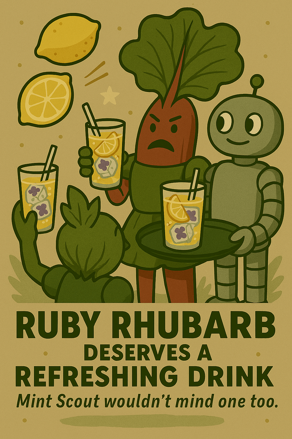 Stylized cartoon of Ruby Rhubarb mid-tennis match, angrily wielding a racket. She’s surrounded by a lemon, a leafy green, and a robot holding a clipboard labeled “RESOLVED.” Three lemons fly through the air, suggesting confrontation. Text reads: “RUBY RHUBARB ISN’T GOING TO LET THEM GET AWAY WITH LEMONS. Sometimes she needs to throw the same lemon back.” The image threads motif-rich resistance and accountability into a metaphorical rally against systemic sourness. Stylized cartoon of Ruby Rhubarb mid-tennis match, angrily wielding a racket. She’s surrounded by a lemon, a leafy green, and a robot holding a clipboard labeled “RESOLVED.” Three lemons fly through the air, suggesting confrontation. Text reads: “RUBY RHUBARB ISN’T GOING TO LET THEM GET AWAY WITH LEMONS. Sometimes she needs to throw the same lemon back.” The image threads motif-rich resistance and accountability into a metaphorical rally against systemic sourness.