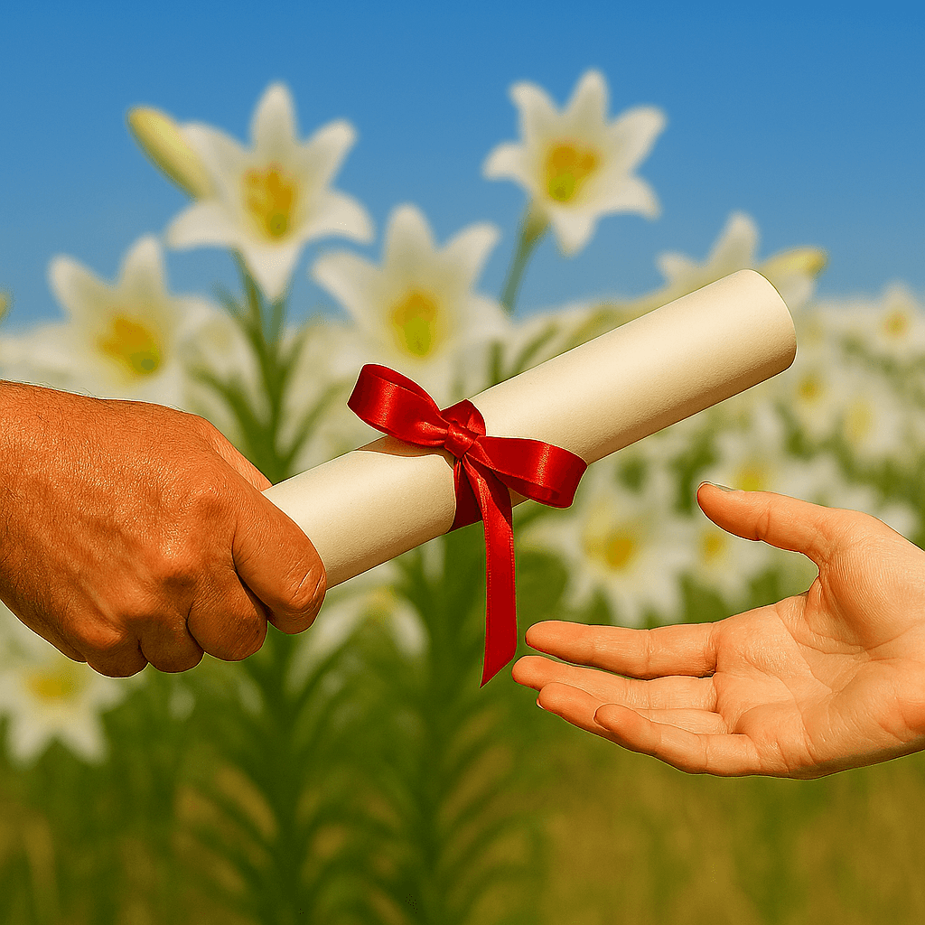 A close-up image of two hands passing a rolled parchment scroll tied with a red satin ribbon. The older hand on the left releases the scroll; the younger hand on the right reaches to receive it. In the softly blurred background, a field of white lilies stretches into the distance under a clear blue sky. The scroll symbolizes legacy and civic responsibility. The lilies evoke remembrance, framing the handoff as a solemn transition from tribute to action. A close-up image of two hands passing a rolled parchment scroll tied with a red satin ribbon. The older hand on the left releases the scroll; the younger hand on the right reaches to receive it. In the softly blurred background, a field of white lilies stretches into the distance under a clear blue sky. The scroll symbolizes legacy and civic responsibility. The lilies evoke remembrance, framing the handoff as a solemn transition from tribute to action.