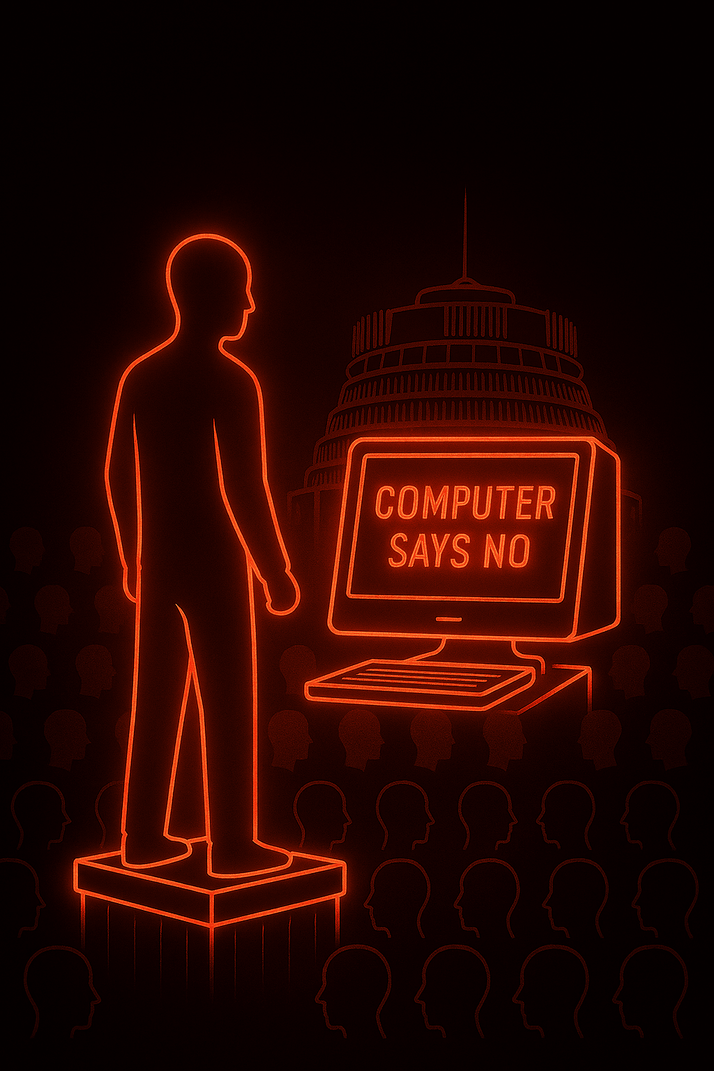 A neon-red silhouette of a person standing before a glowing computer terminal. The screen displays the words “COMPUTER SAYS NO” in bold neon red. The Beehive looms in the background, reinforcing the theme of bureaucratic refusal. A neon-red silhouette of a person standing before a glowing computer terminal. The screen displays the words “COMPUTER SAYS NO” in bold neon red. The Beehive looms in the background, reinforcing the theme of bureaucratic refusal.