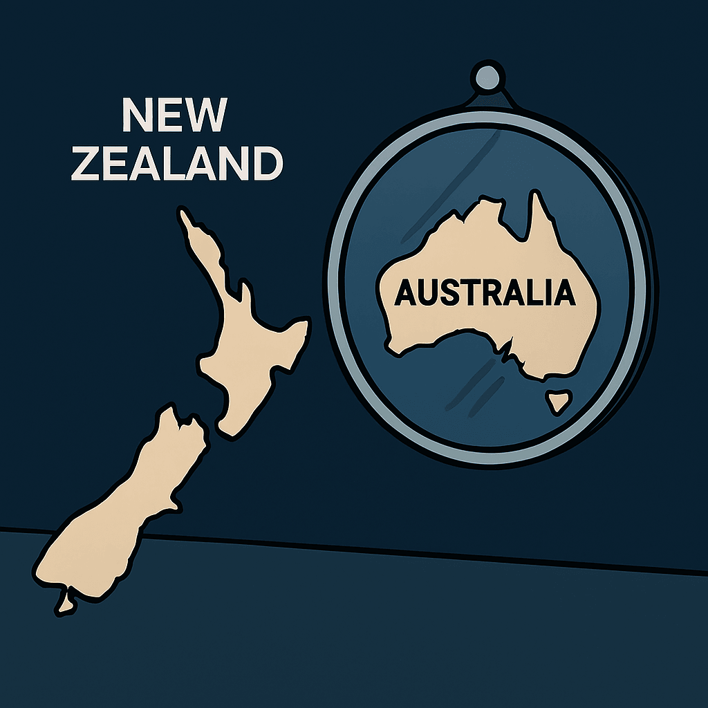 A flat illustration shows a silhouette of New Zealand facing a round mirror labeled “Australia.” In the reflection, only the outline of Australia is visible. The image critiques how New Zealand selectively compares itself to Australia, seeing only what flatters its narrative. A flat illustration shows a silhouette of New Zealand facing a round mirror labeled “Australia.” In the reflection, only the outline of Australia is visible. The image critiques how New Zealand selectively compares itself to Australia, seeing only what flatters its narrative.